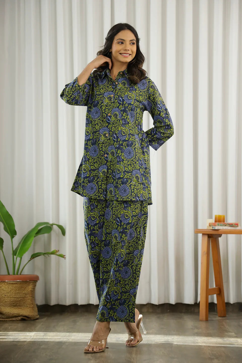 Green Cotton palazzo Night Suit Set for Women - SanskrutiHomes