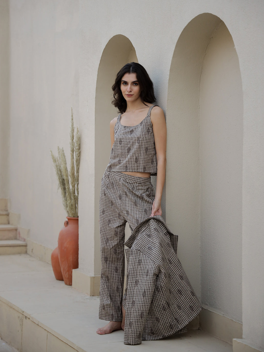 Set Of 3 Brown Quilted Night Suit Set