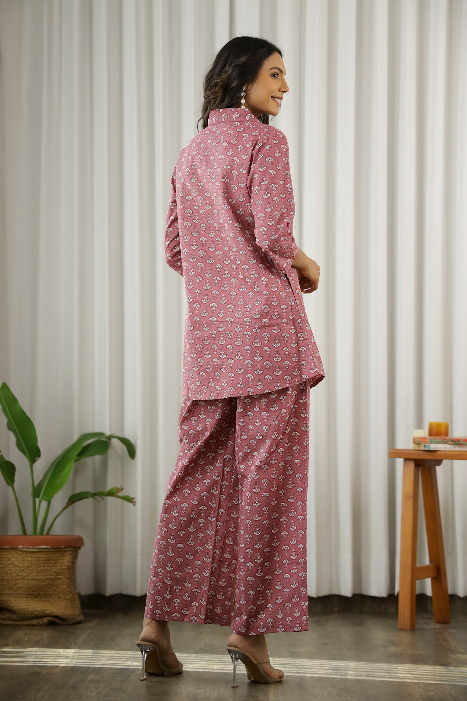 Mauve Shirt Collar Motifs Print Pure Cotton Night Suit For Women
