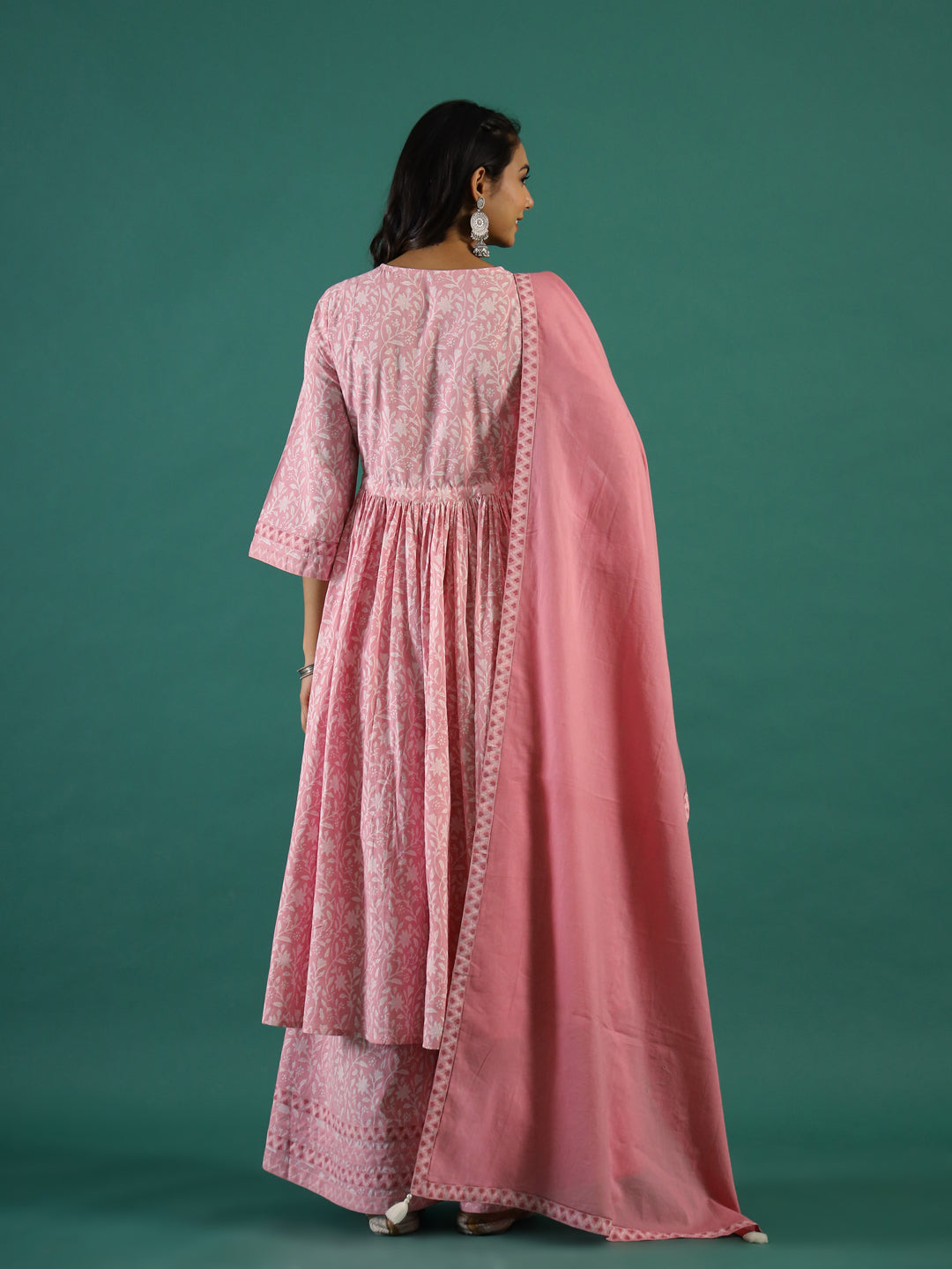 Pink Floral Printed Cotton Kurta with Dupatta