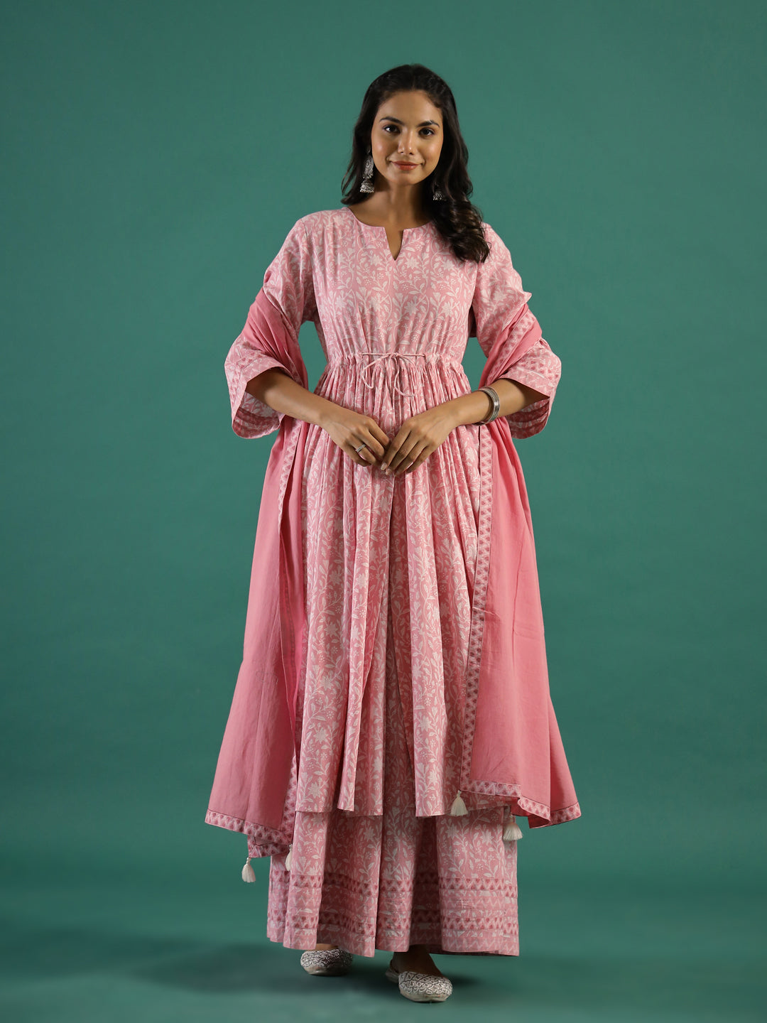 Pink Floral Printed Cotton Kurta with Dupatta