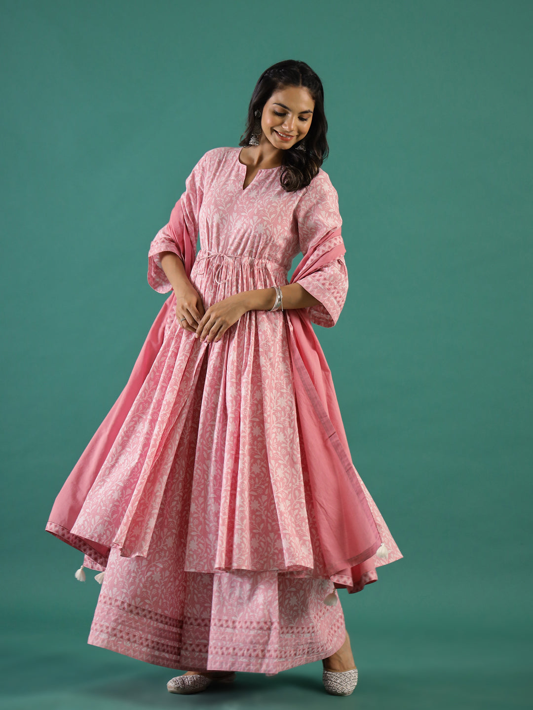 Pink Floral Printed Cotton Kurta with Dupatta