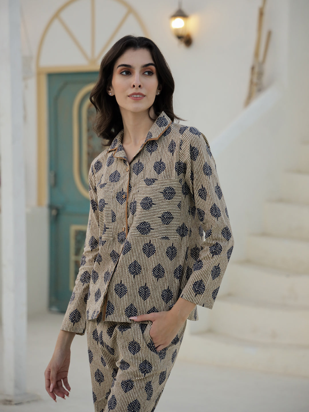 Leaf Printed Cotton Night Suit Set