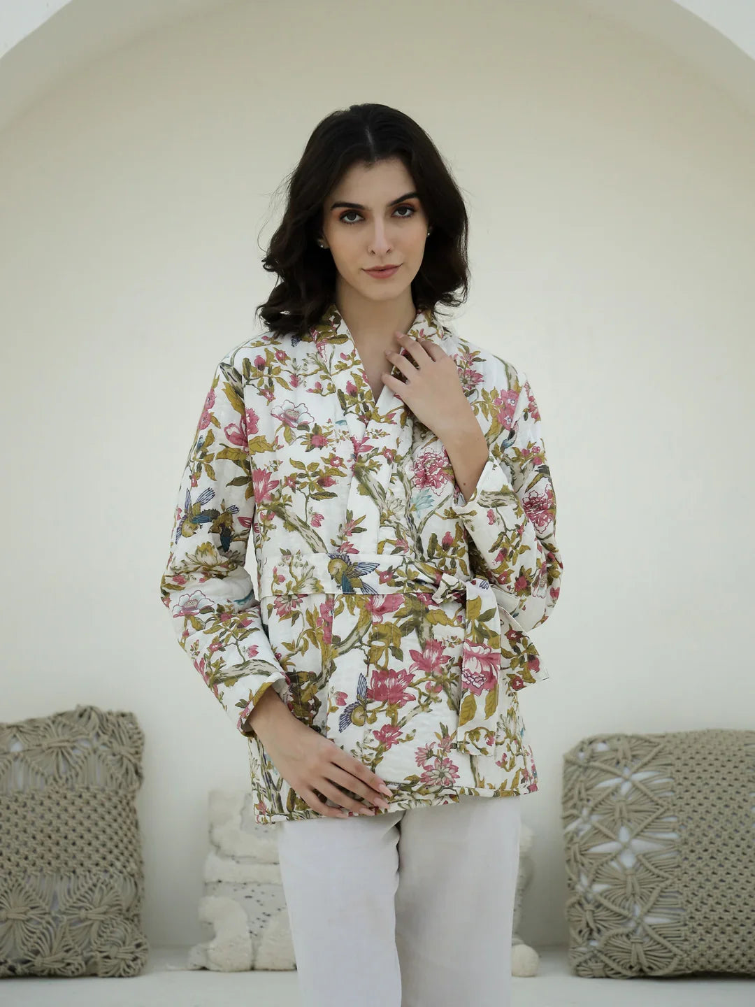 Floral Printed V-Neck Quilted Jacket for Women - SanskrutiHomes