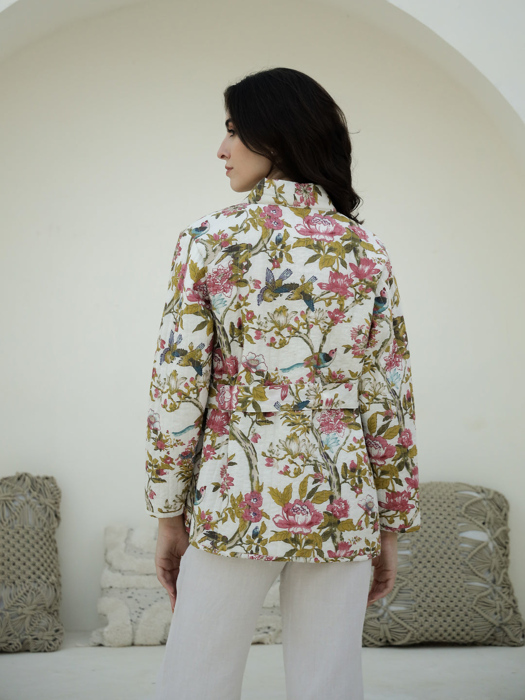 Floral Printed V-Neck Quilted Jacket for Women - SanskrutiHomes