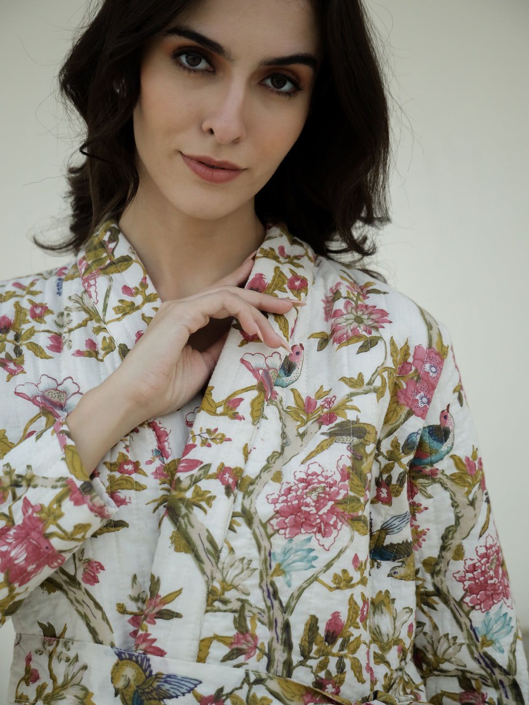 Floral Printed V-Neck Quilted Jacket for Women - SanskrutiHomes