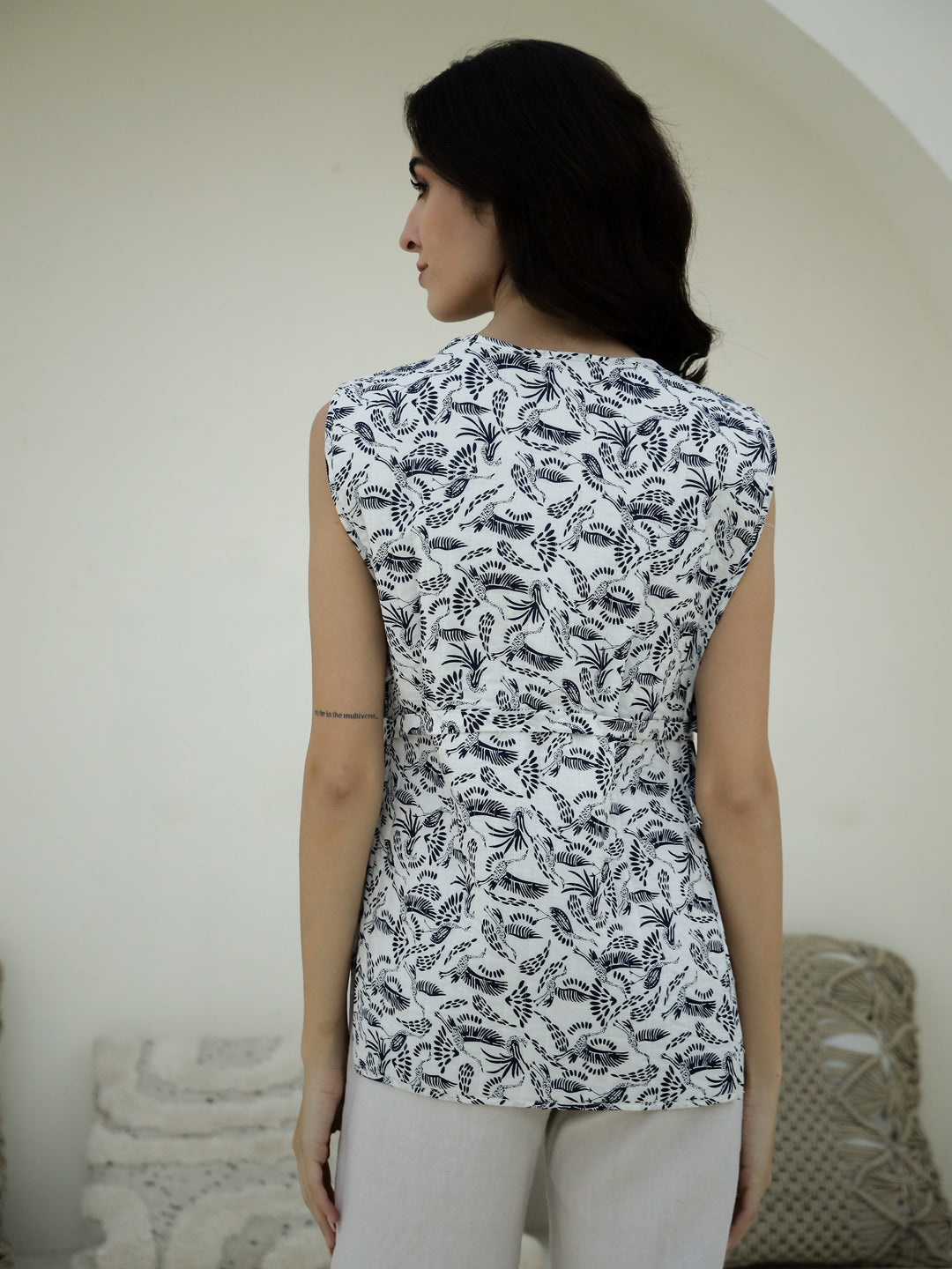 White Color Bird Printed Quilted Jacket For Women