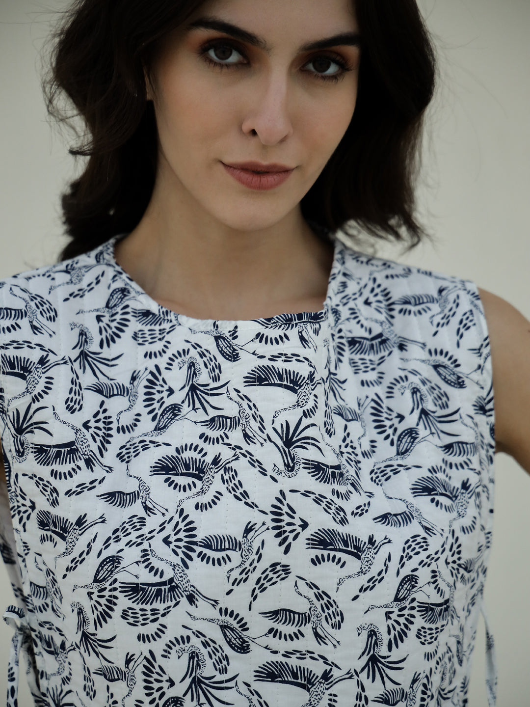 White Color Bird Printed Quilted Jacket For Women