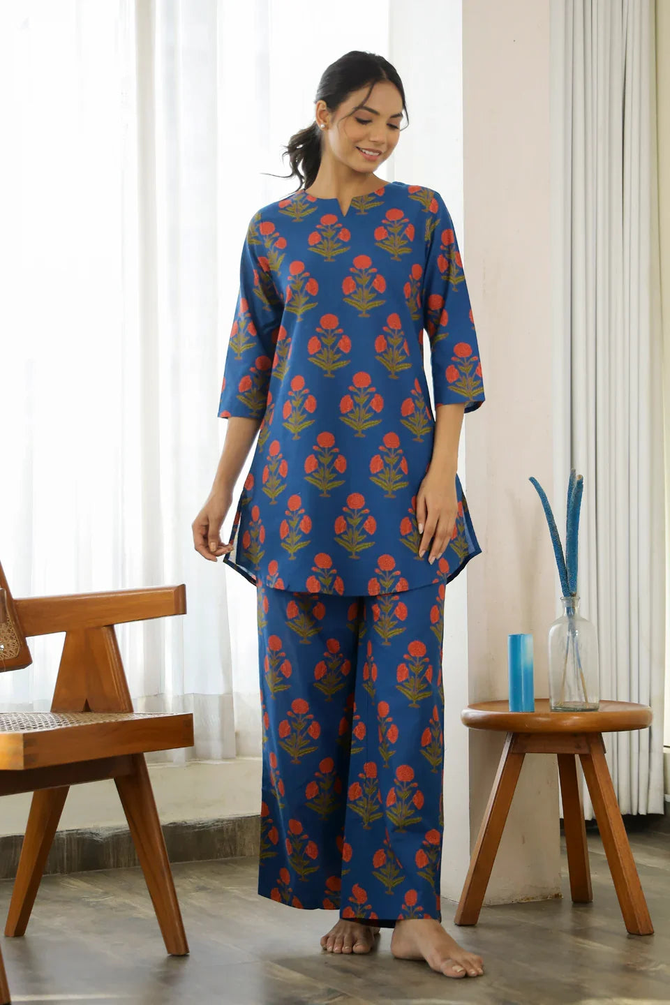 Blue Printed Cotton Loungewear Set - SanskrutiHomes
