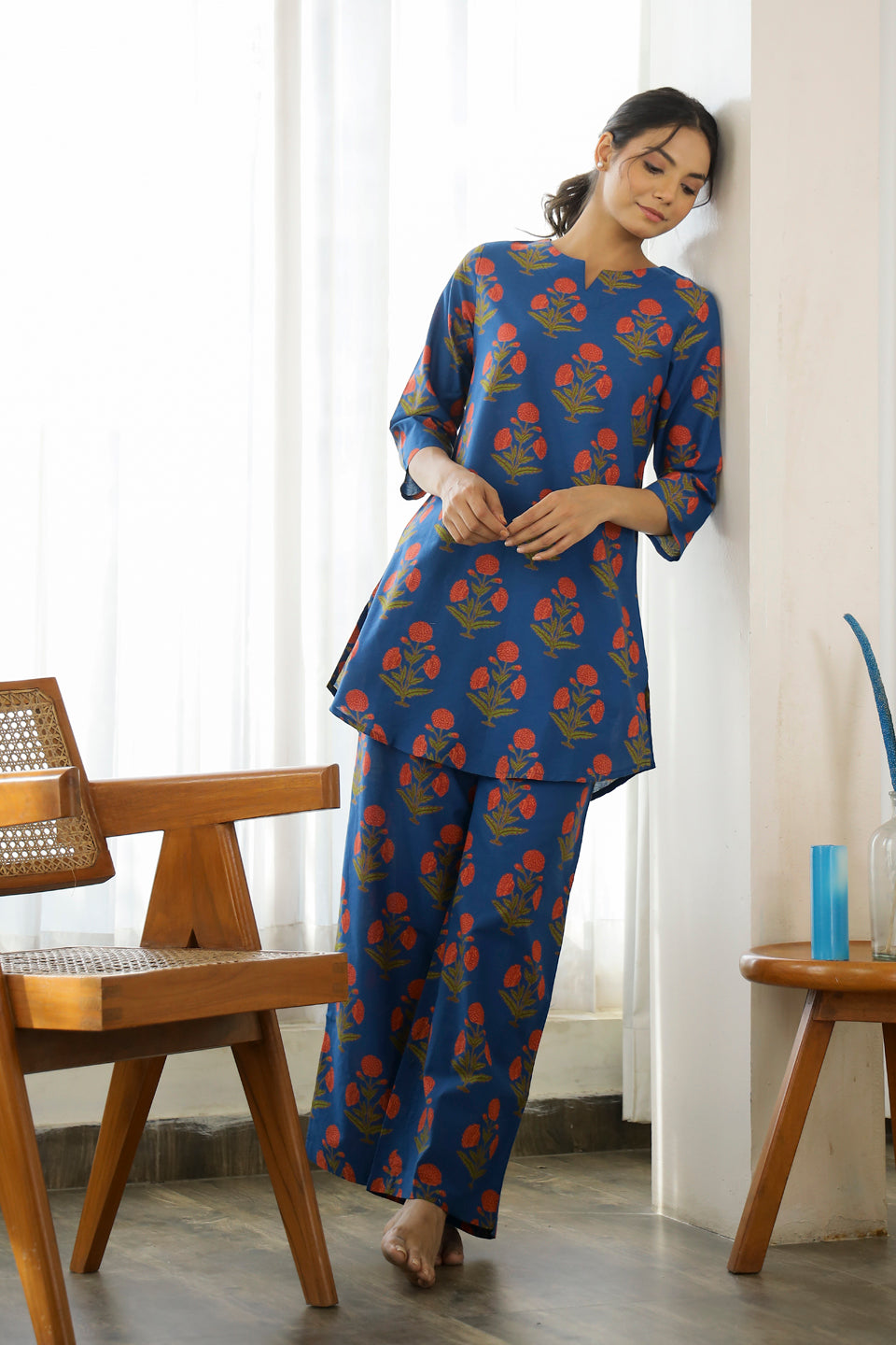 Blue Printed Cotton Loungewear Set
