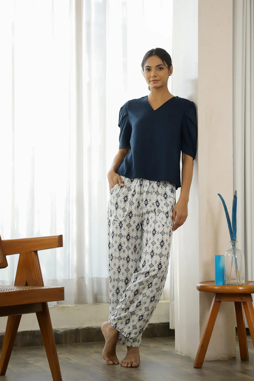 Navy Blue Rayon Night Suit - SanskrutiHomes