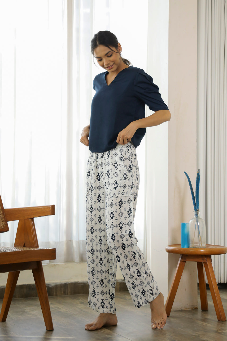 Navy Blue Rayon Night Suit - SanskrutiHomes