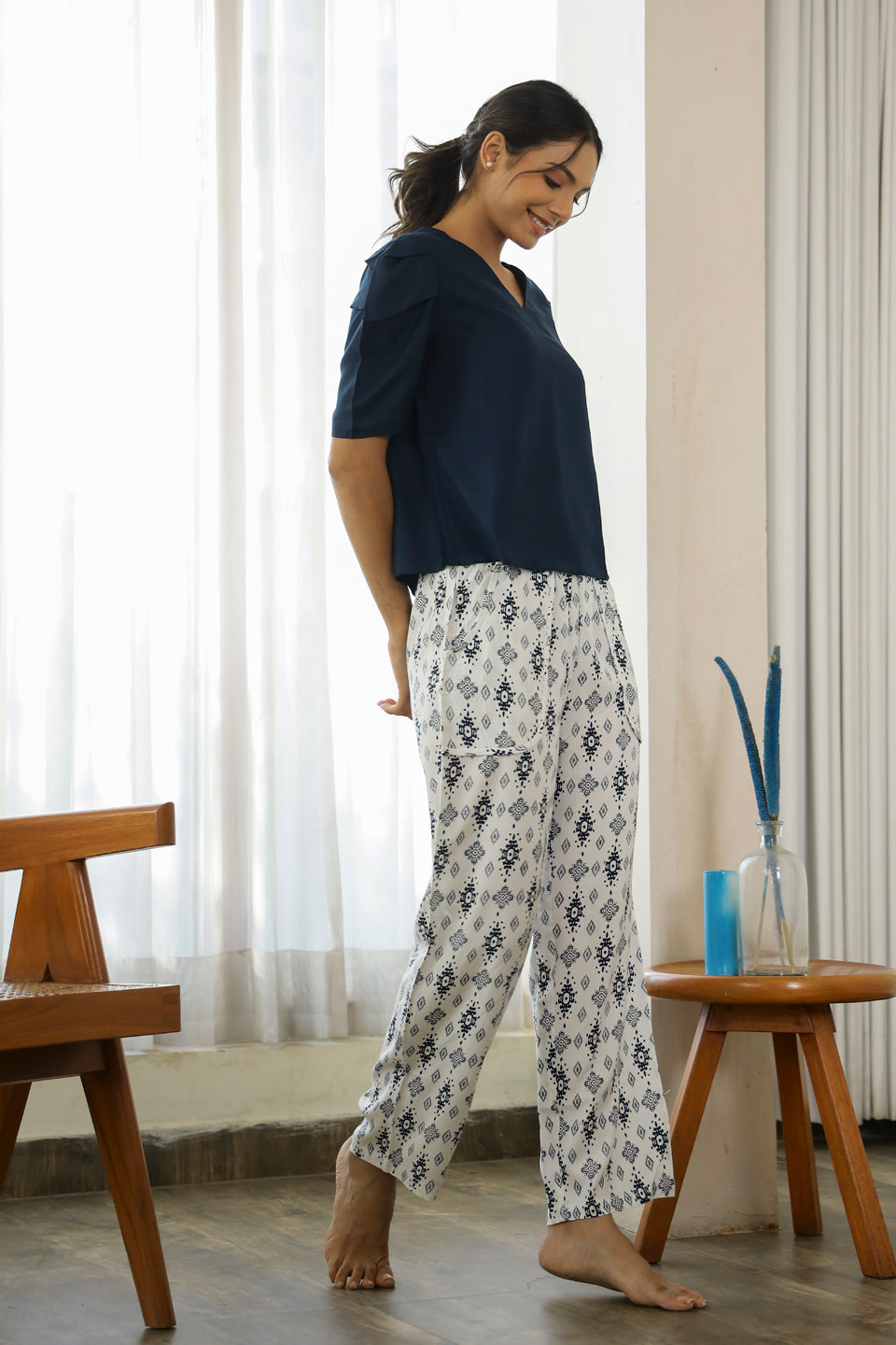 Navy Blue Rayon Night Suit - SanskrutiHomes