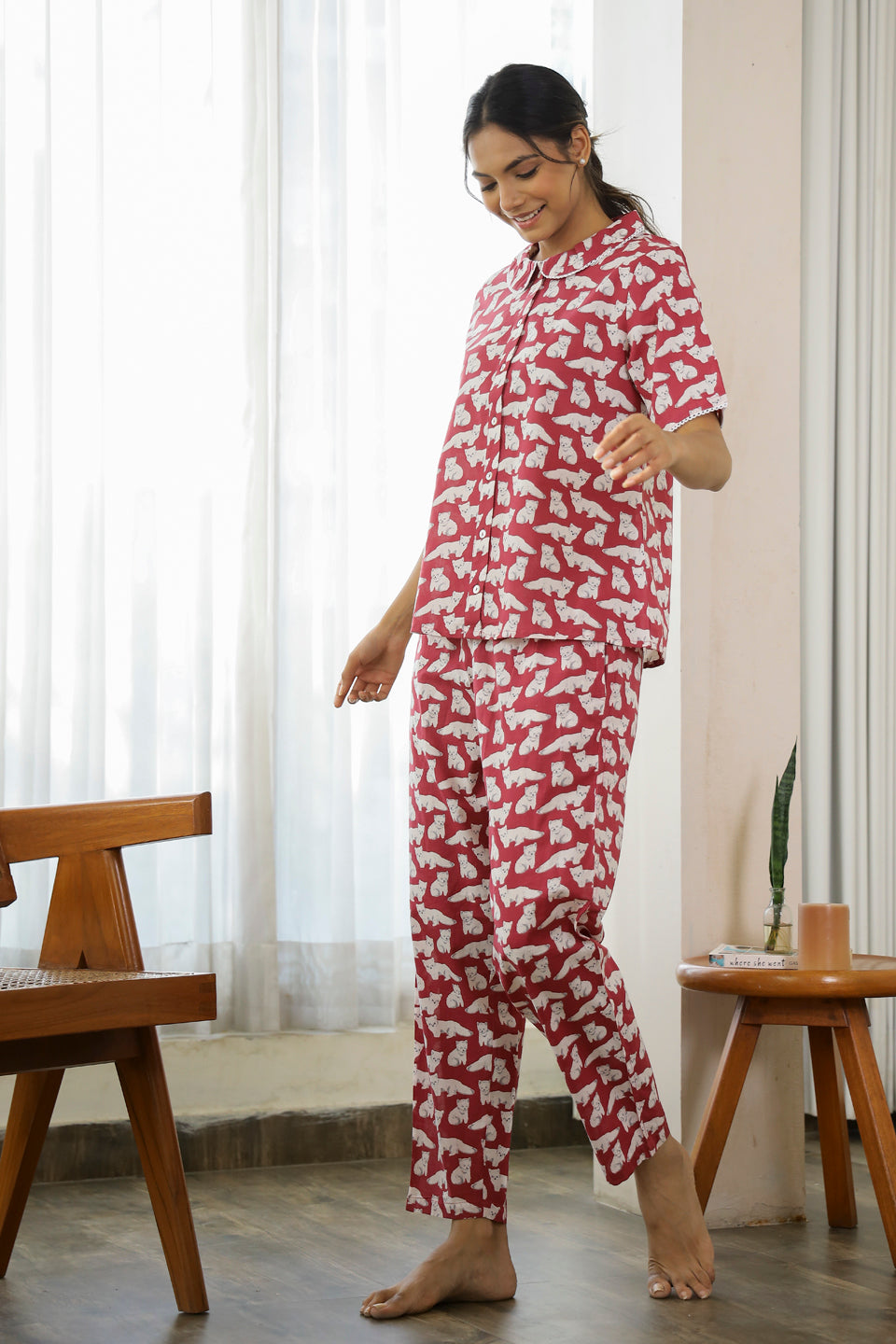 Cat wine Cotton Night Suit