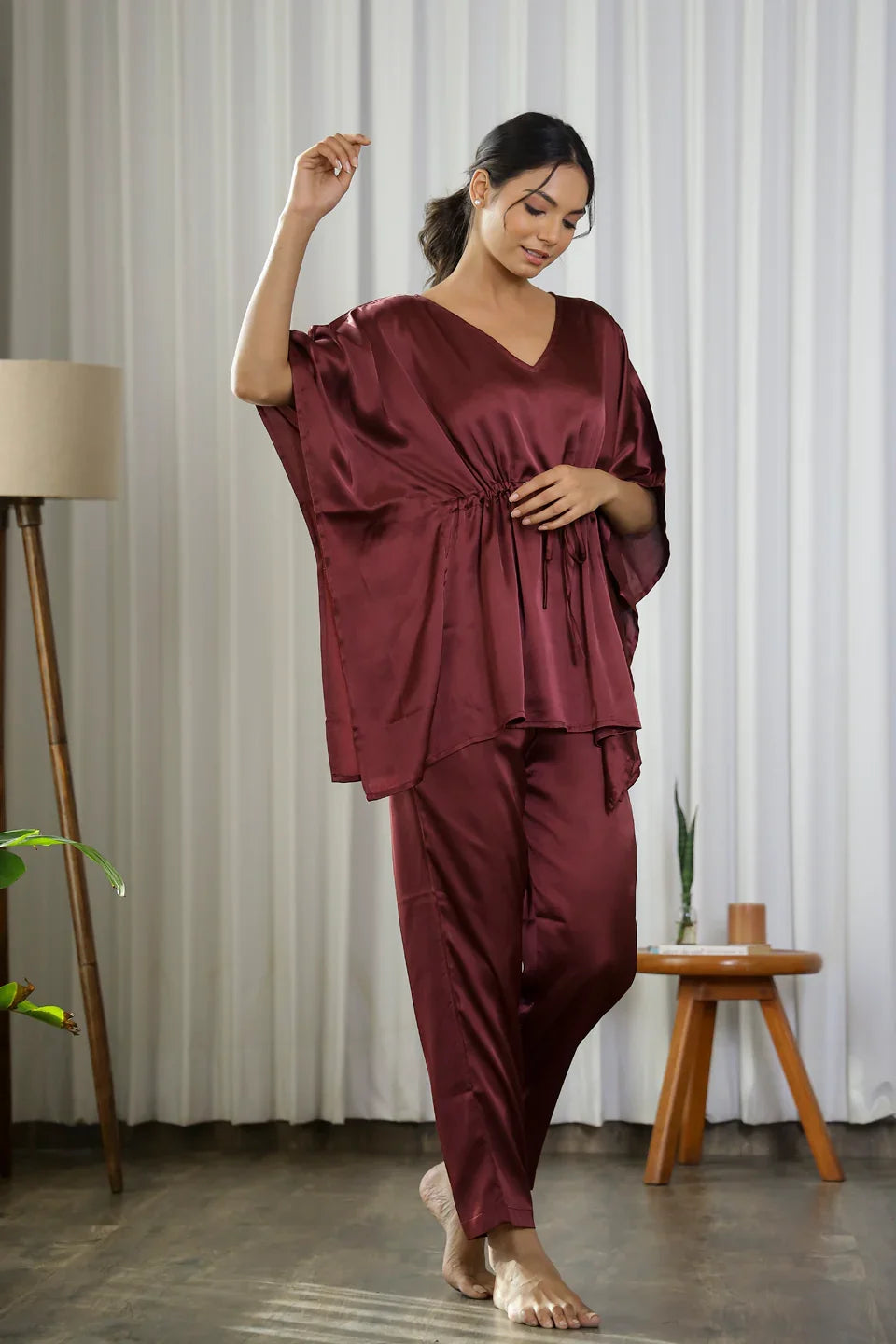 Wine Satin Kaftan Set - SanskrutiHomes