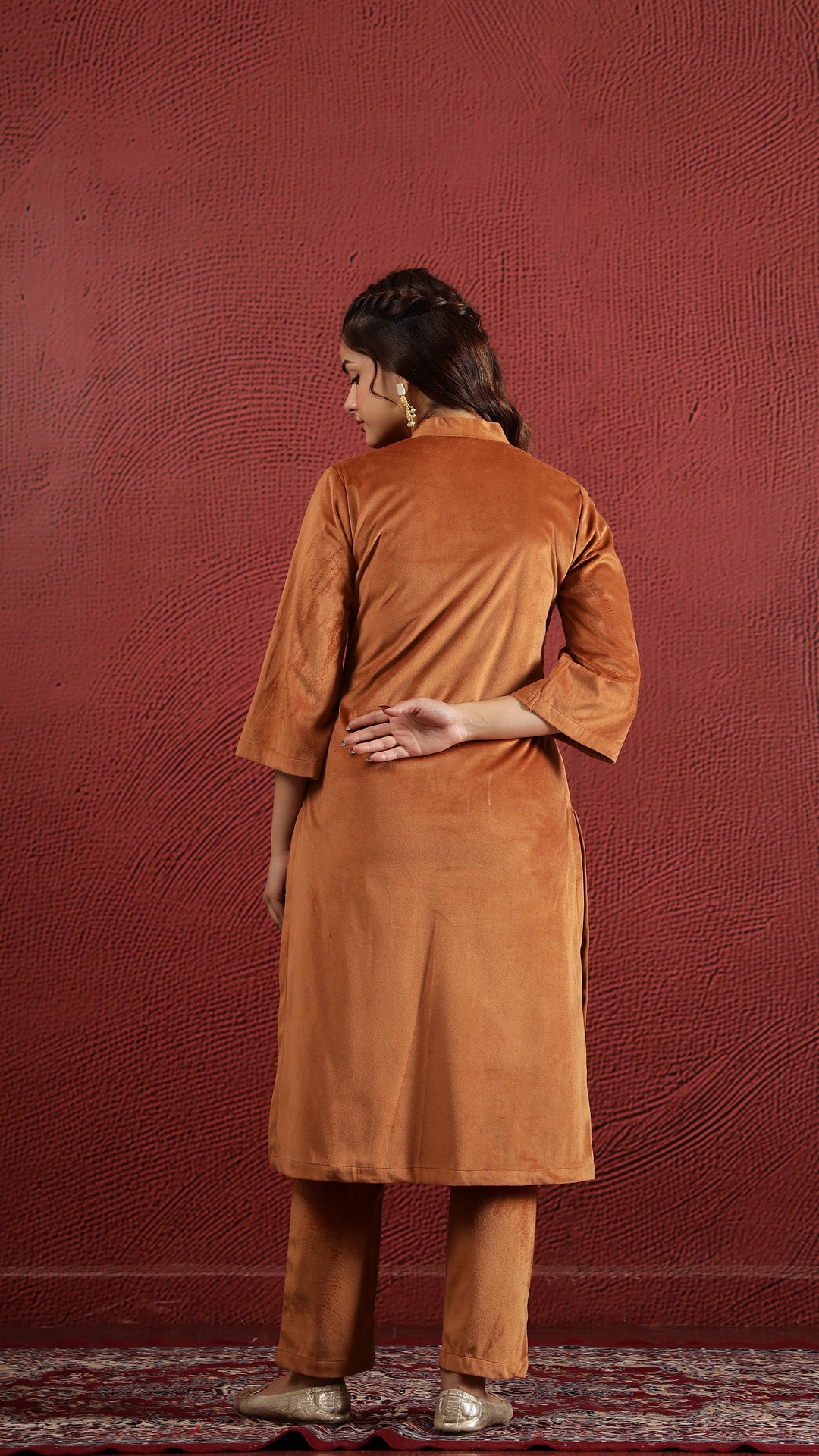 Orange Solid Velvet Kurta set with Dupatta