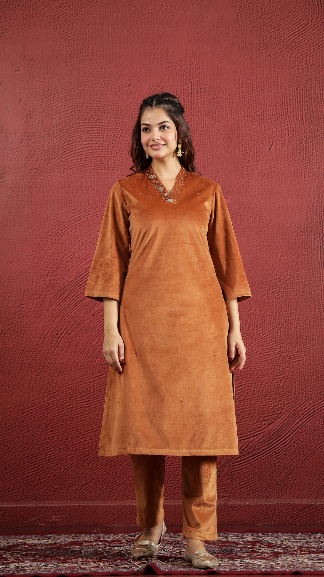 Orange Solid Velvet Kurta set with Dupatta - SanskrutiHomes