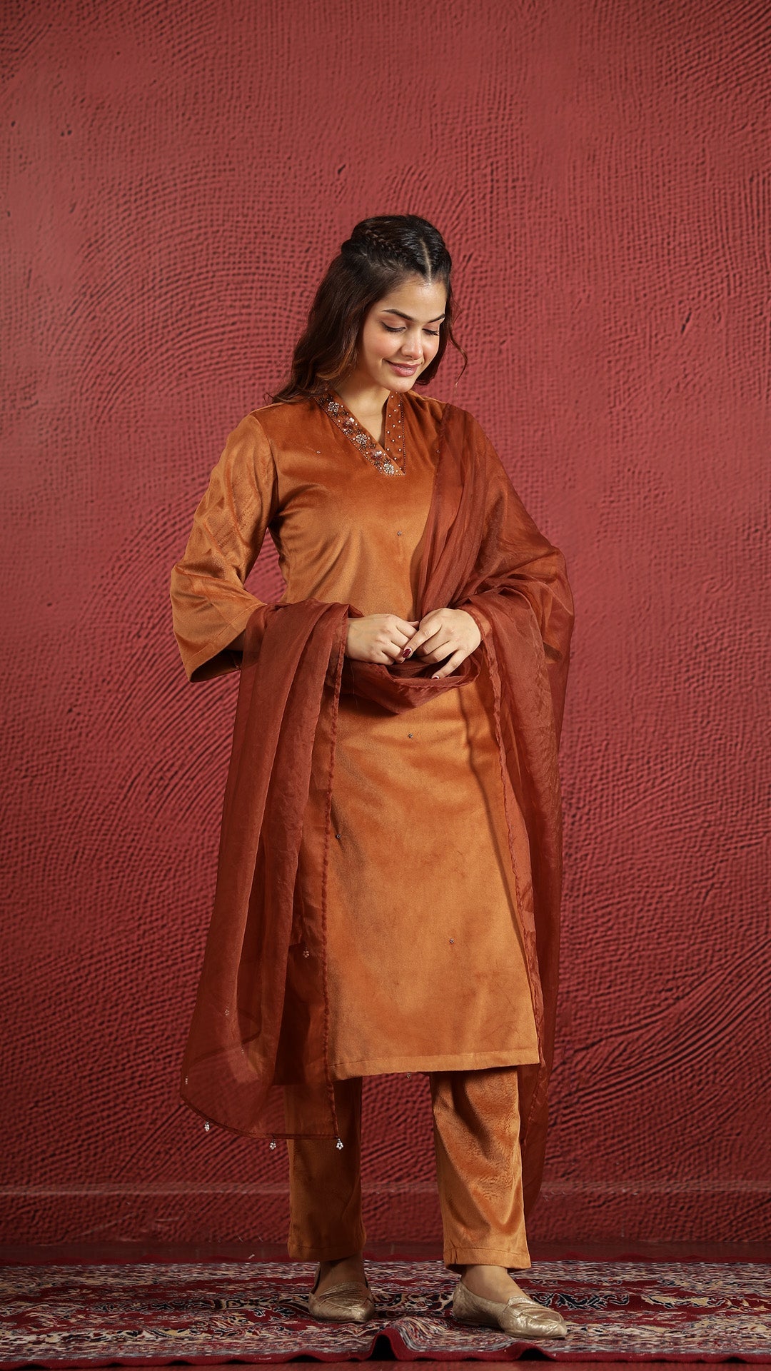 Orange Solid Velvet Kurta set with Dupatta - SanskrutiHomes