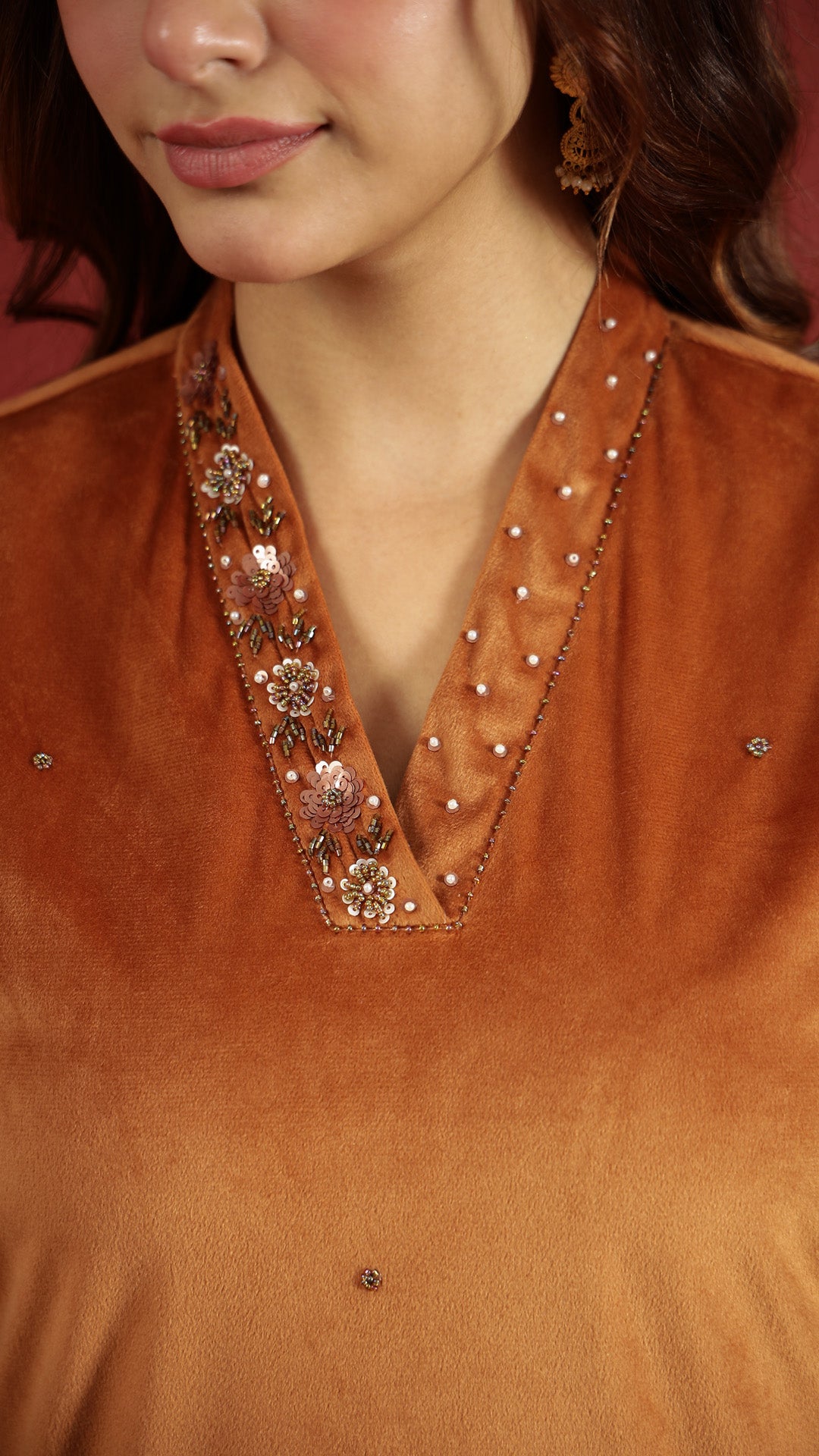 Orange Solid Velvet Kurta set with Dupatta