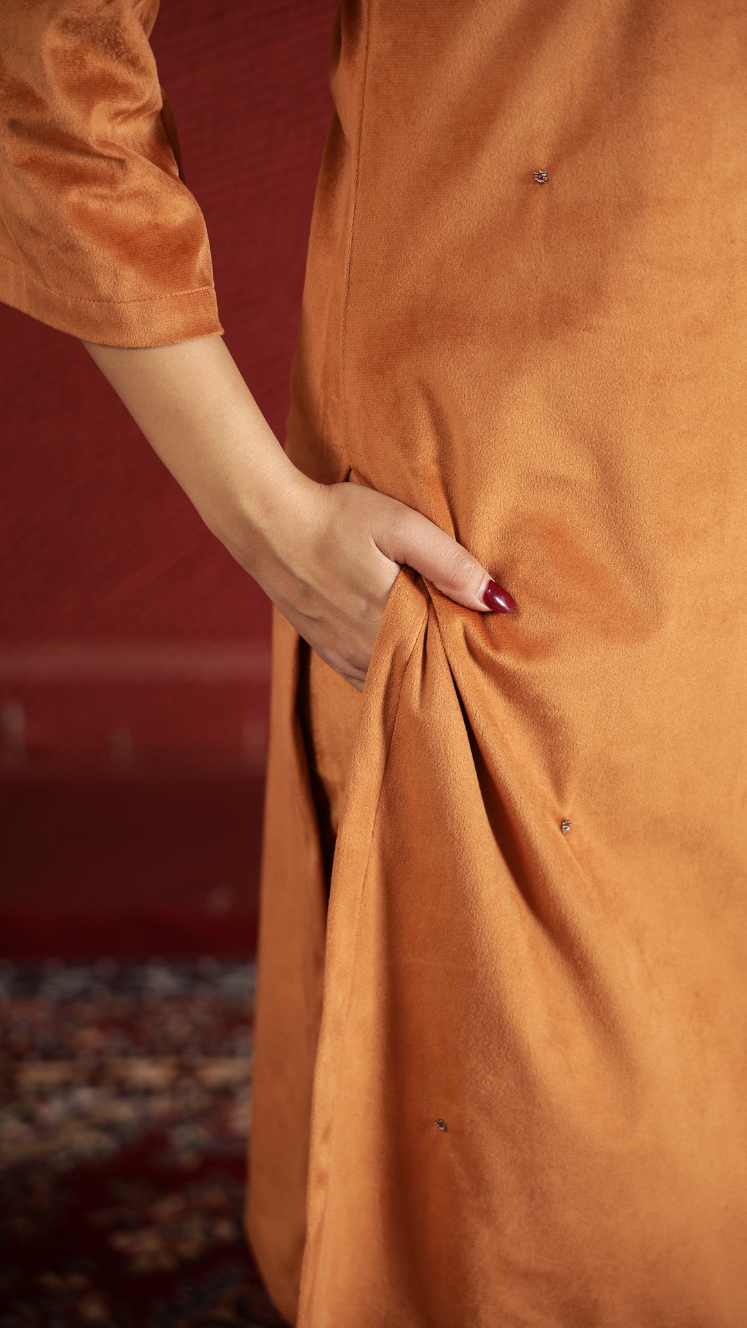 Orange Solid Velvet Kurta set with Dupatta