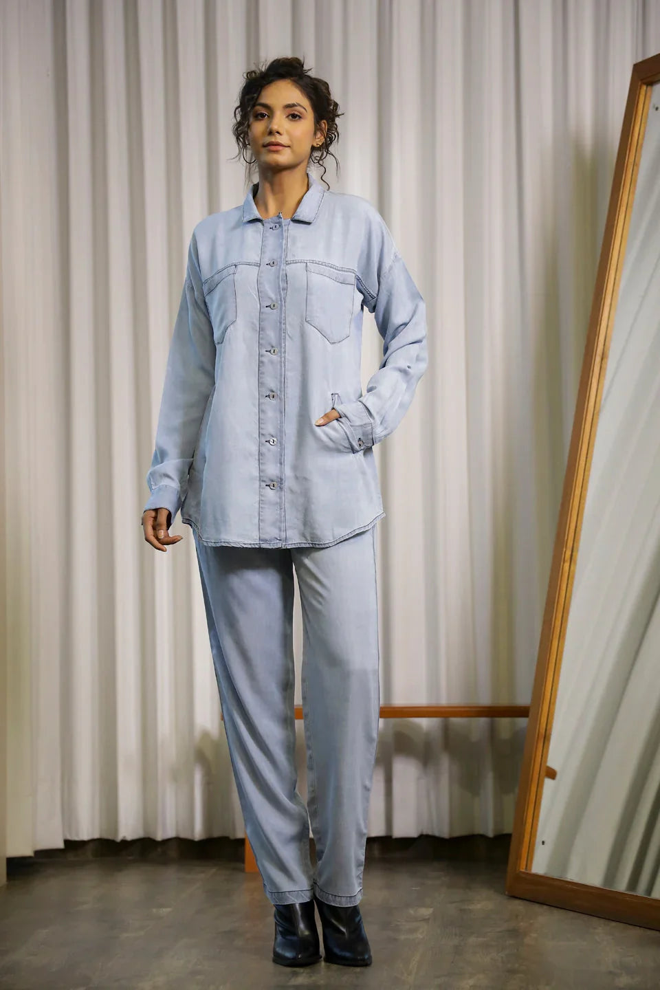 Dark Blue Denim Co-ord Set in Embroidered Denim With Dupatta main image 1