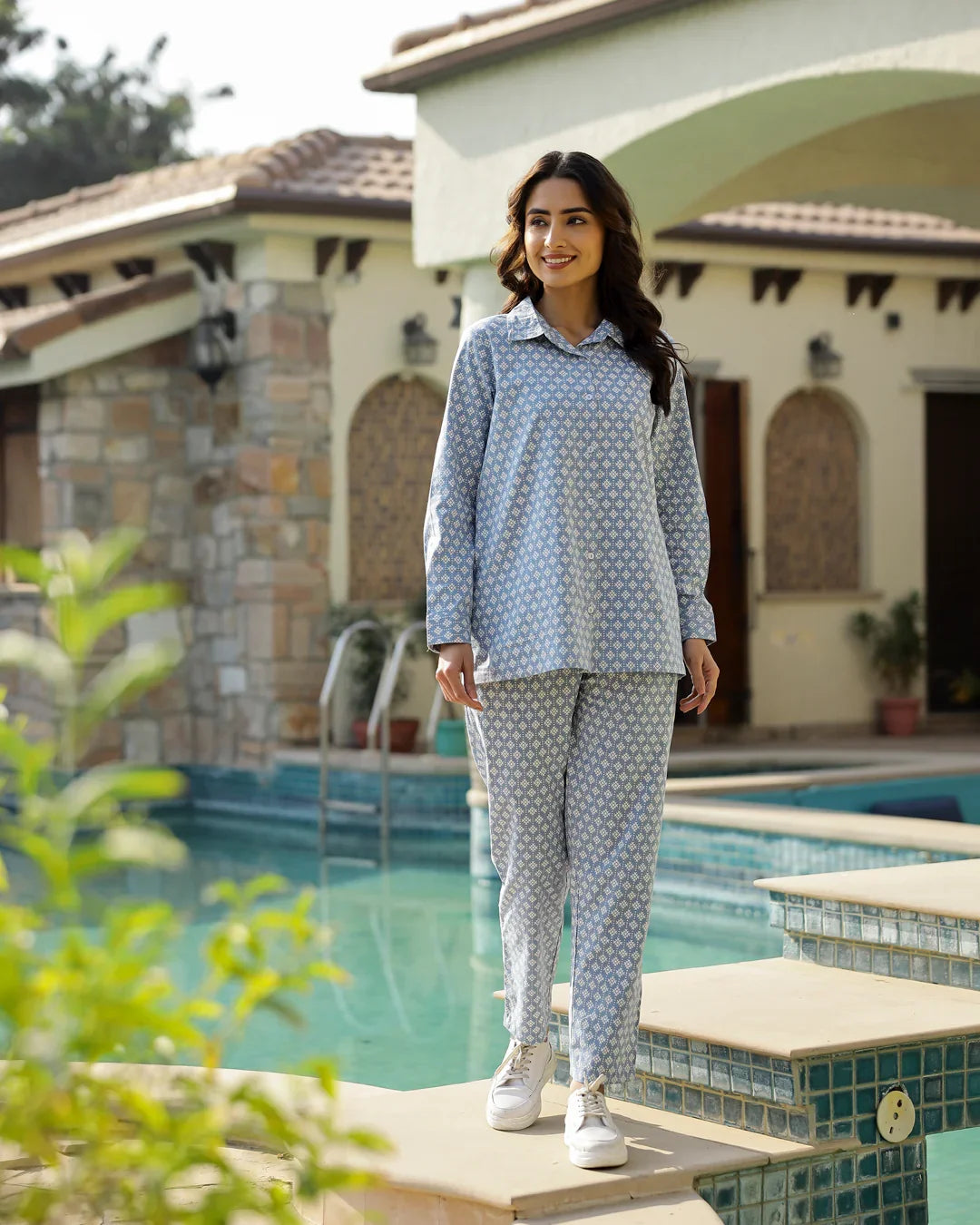 Blue Printed Cotton Co-Ord Set for Women - SanskrutiHomes