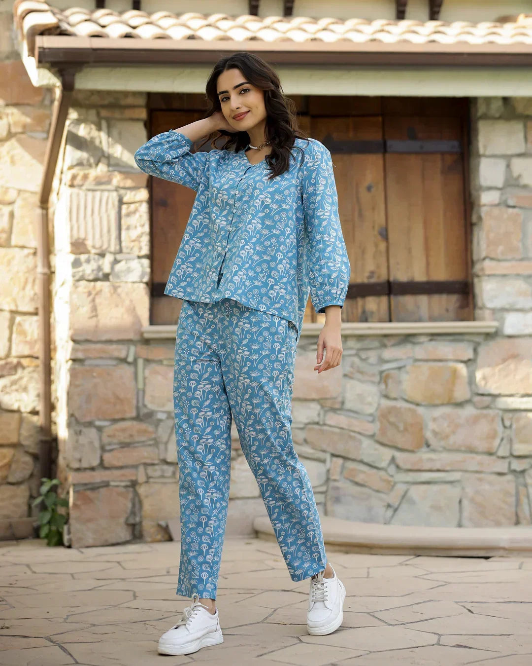Blue Leaf Cotton Night SUIT - SanskrutiHomes