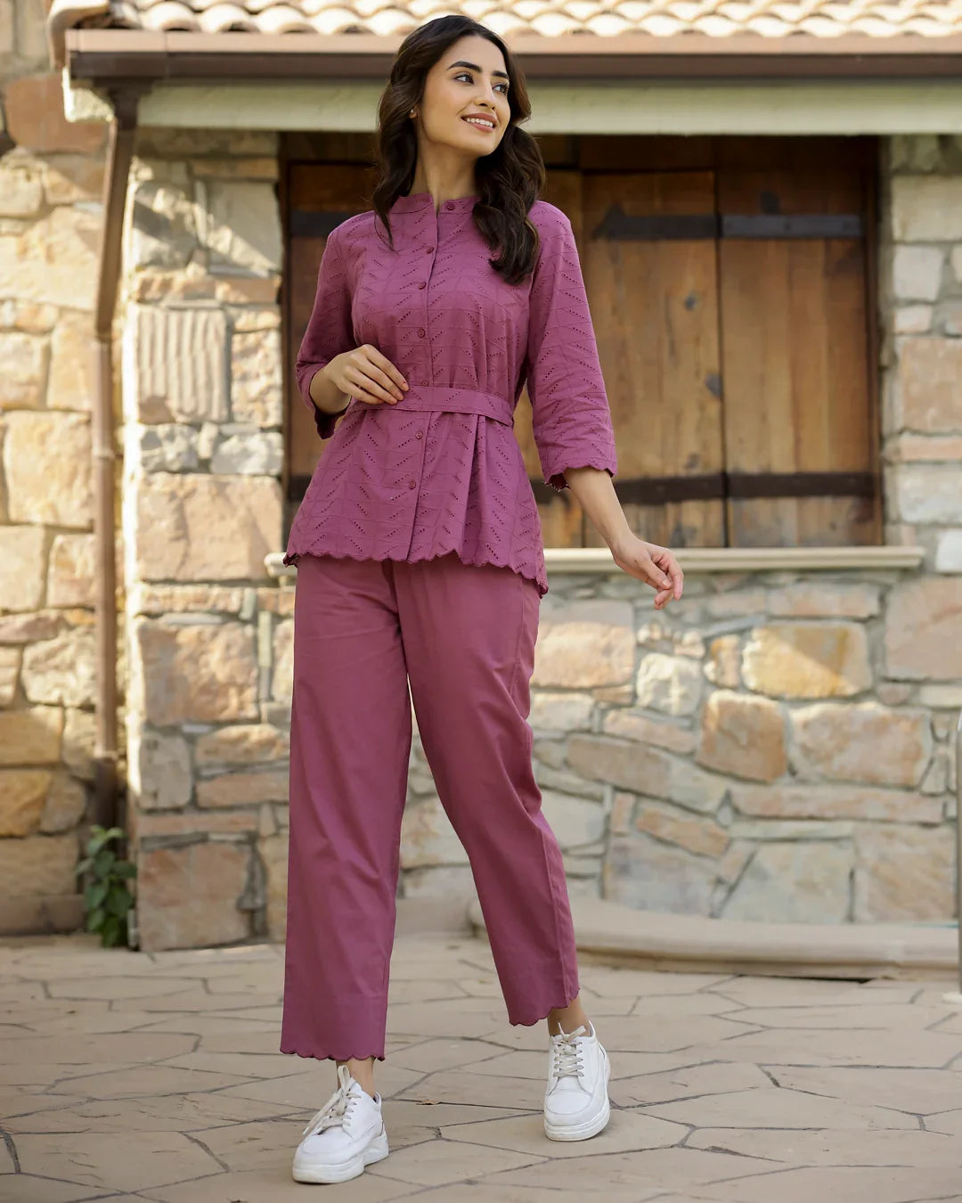 Self Design Pure Cotton Top & Trousers Co-Ord Set - SanskrutiHomes