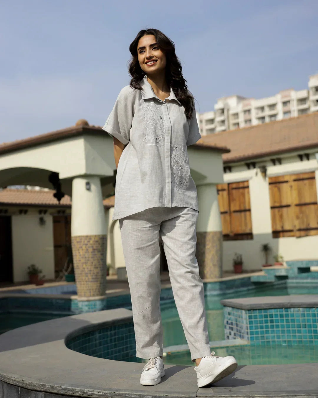 Grey Embroidered Loungewear Set - SanskrutiHomes