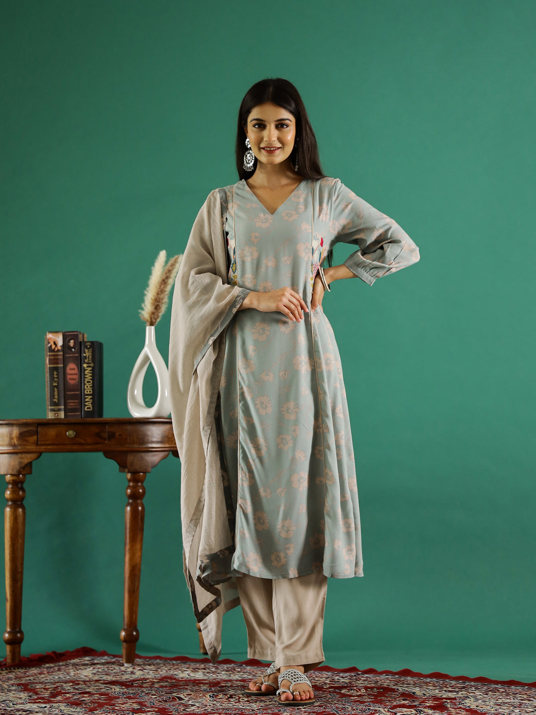 Blue V-Neck Floral Printed Kurta Set