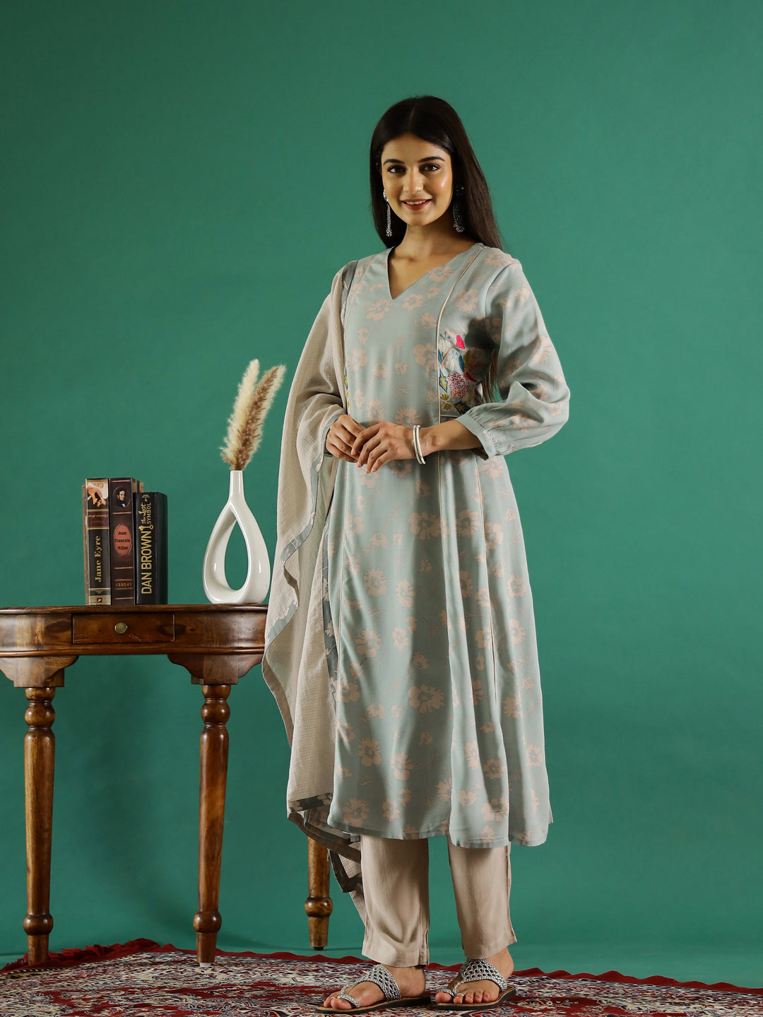 Blue V-Neck Floral Printed Kurta Set