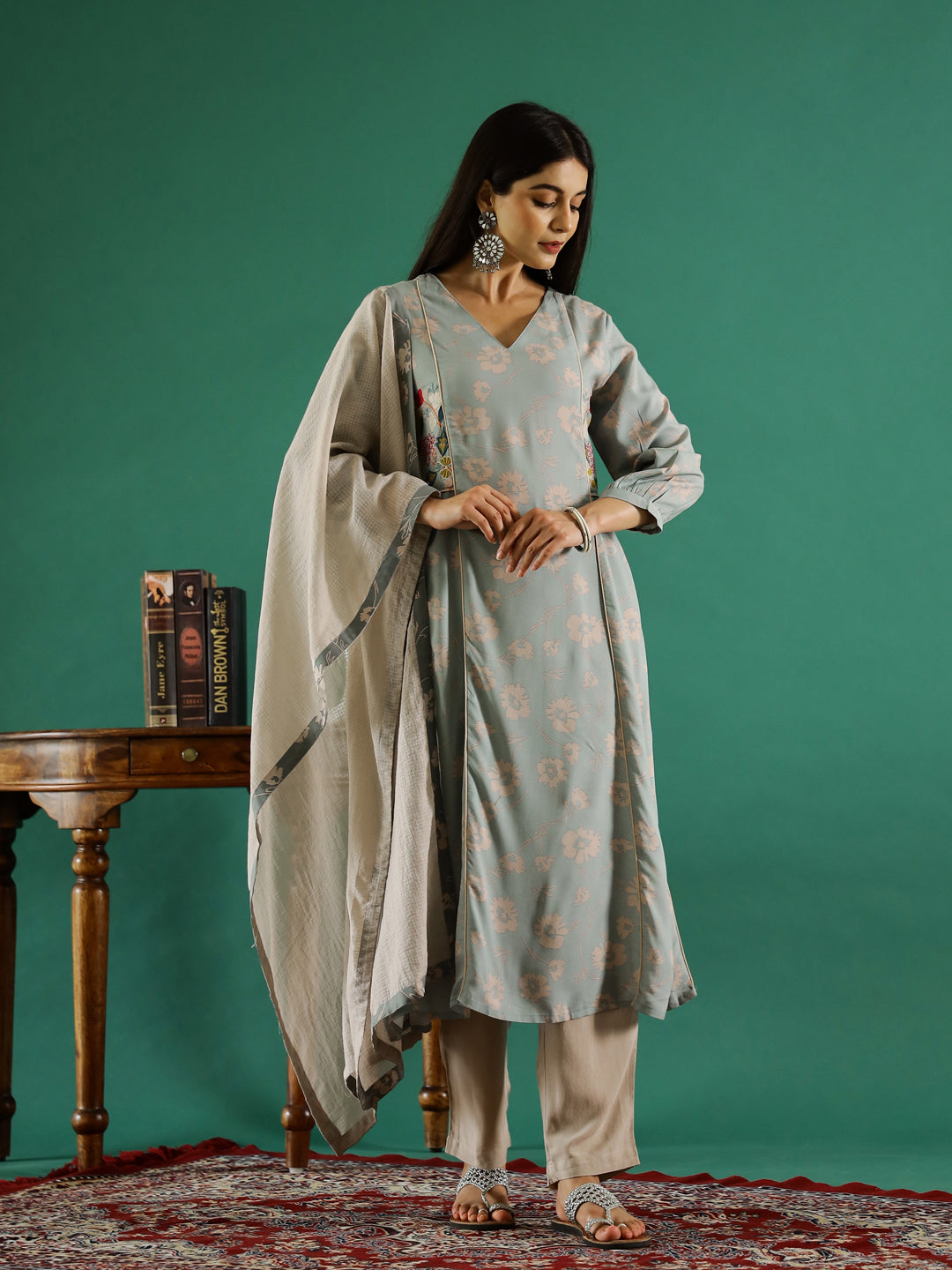 Blue V-Neck Floral Printed Kurta Set