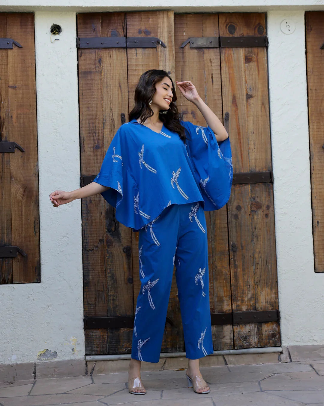 Women's Pure Cotton Blue Conversational Kaftan Night suits - SanskrutiHomes