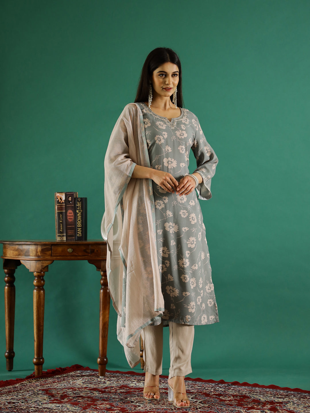 Gray Color Round Neck Printed Kurta Set