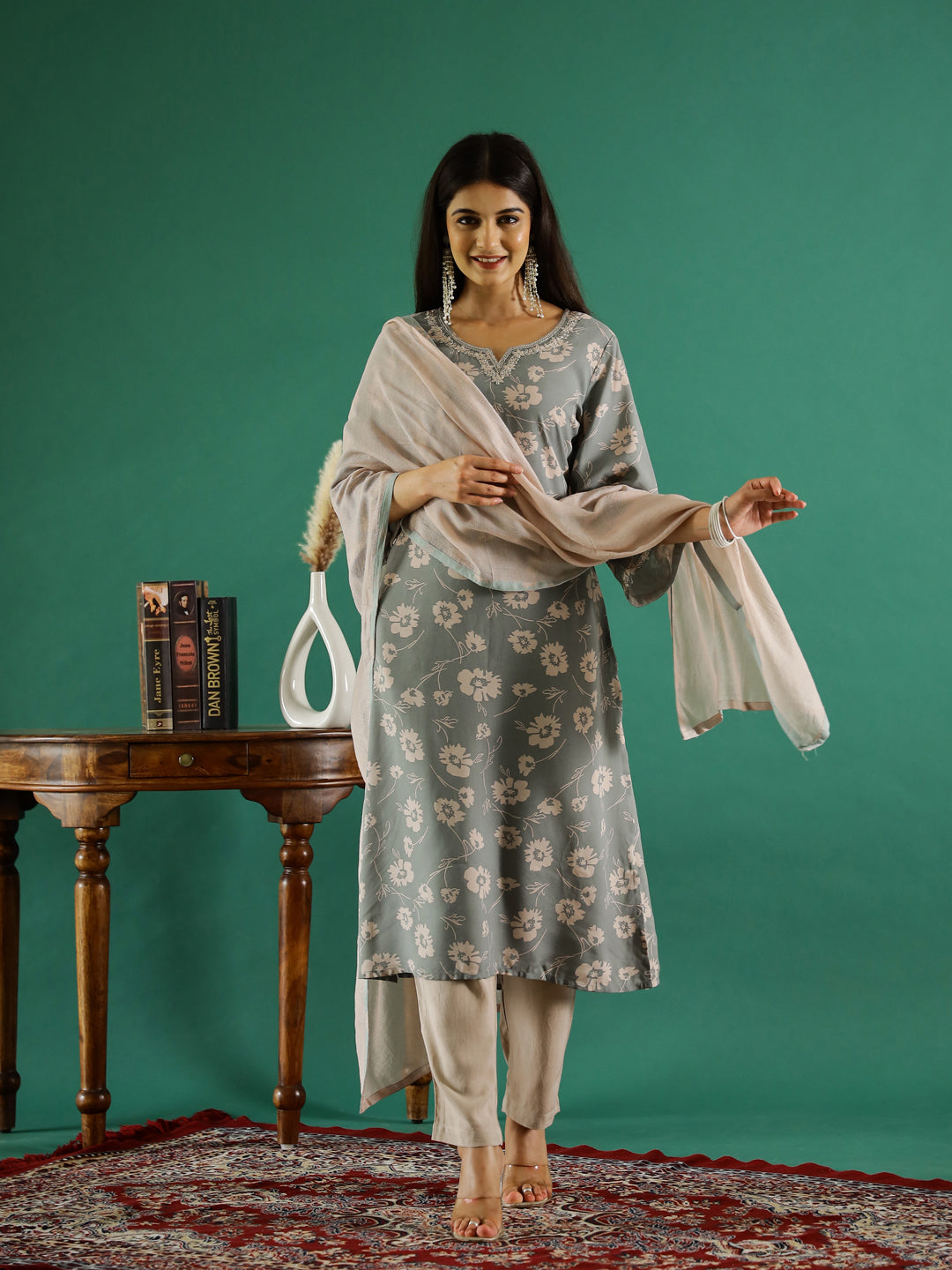 Gray Color Round Neck Printed Kurta Set