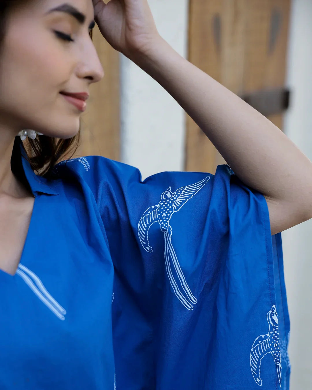 Women's Pure Cotton Blue Conversational Kaftan Night suits - SanskrutiHomes