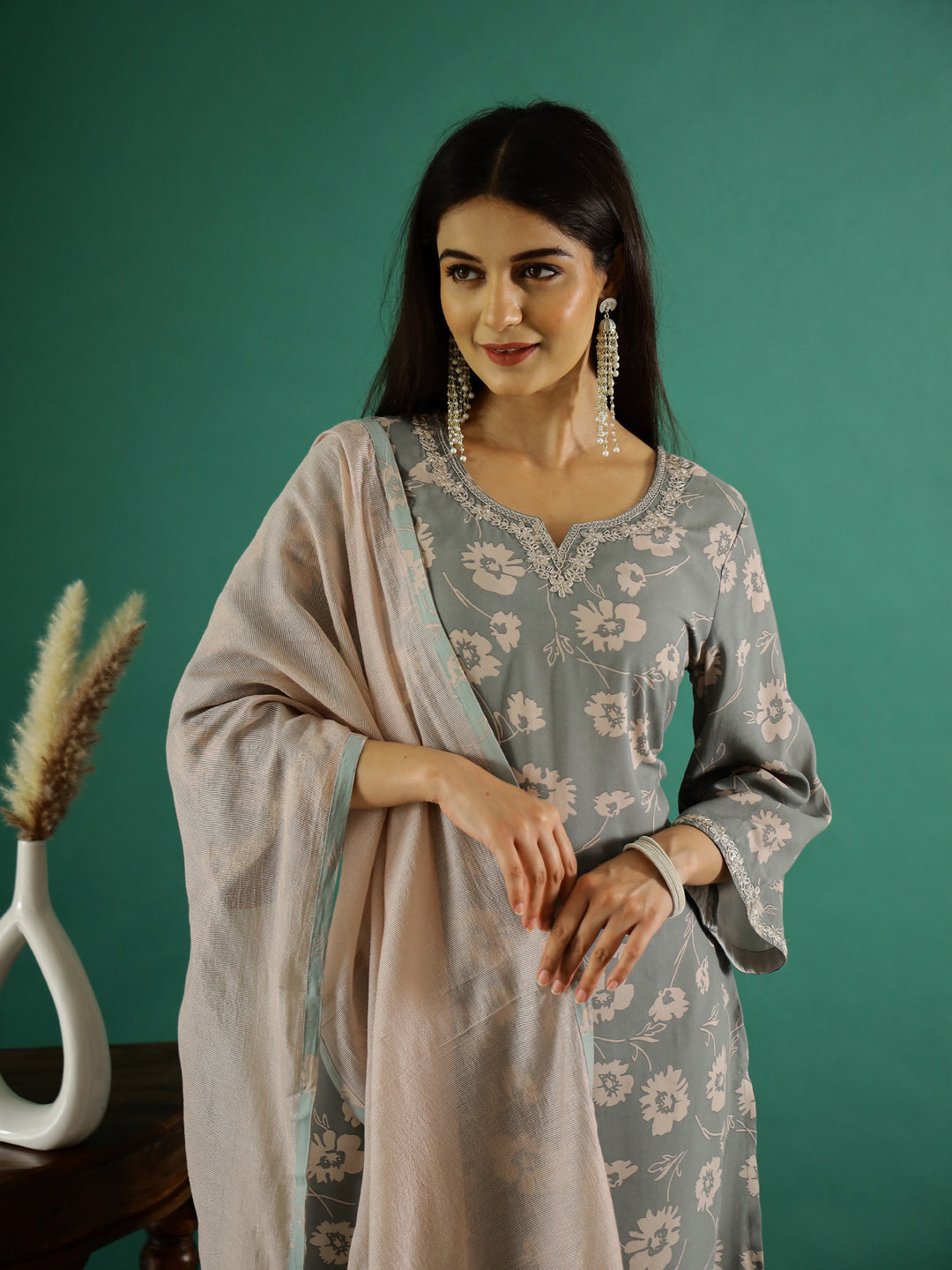 Gray Color Round Neck Printed Kurta Set