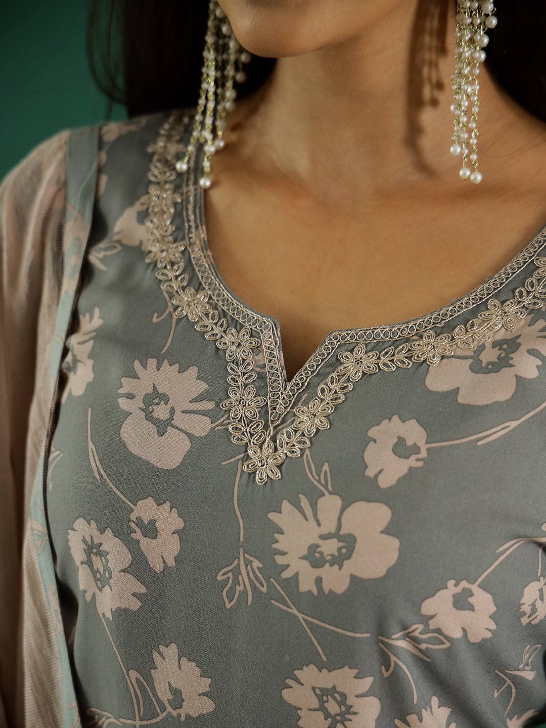 Gray Color Round Neck Printed Kurta Set