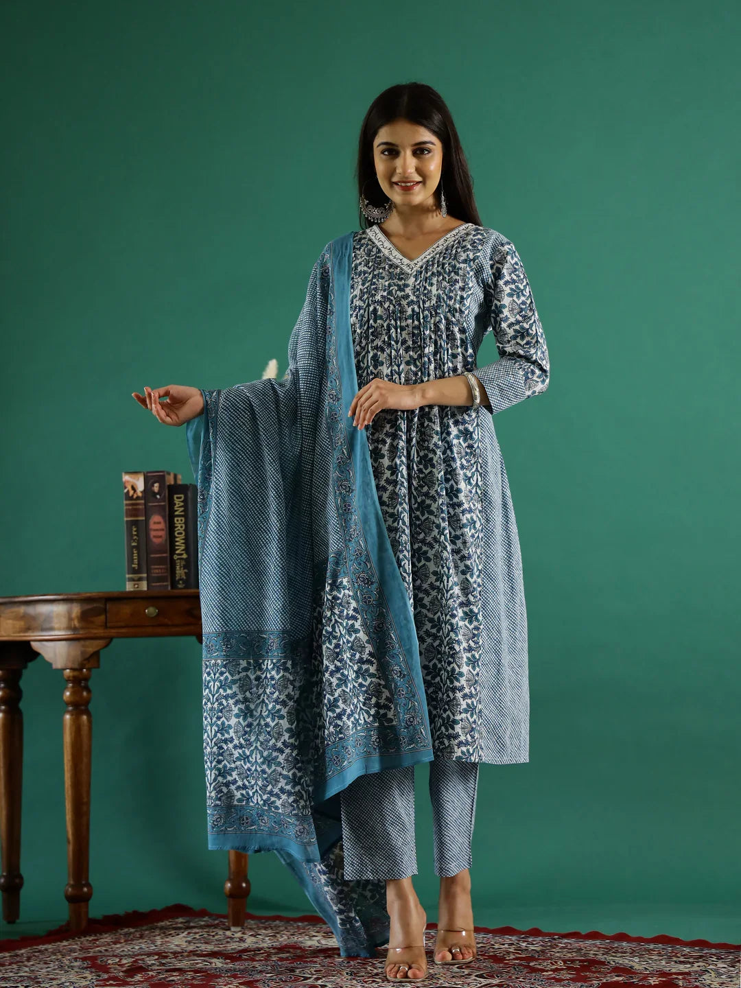 Set of 3 Blue Flower Printed Kurta Set with Dupatta - SanskrutiHomes