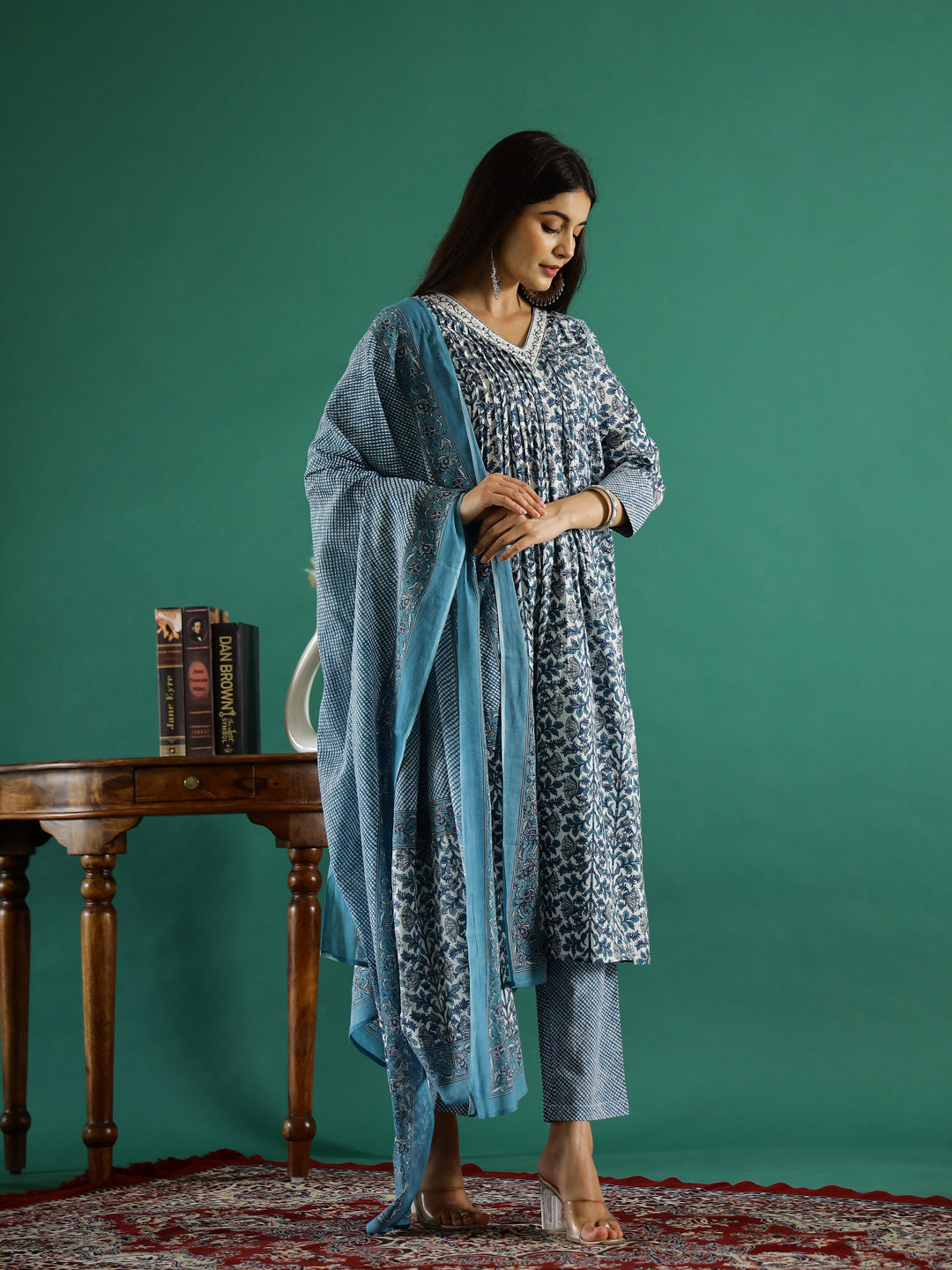 Set of 3 Blue Flower Printed Kurta Set with Dupatta