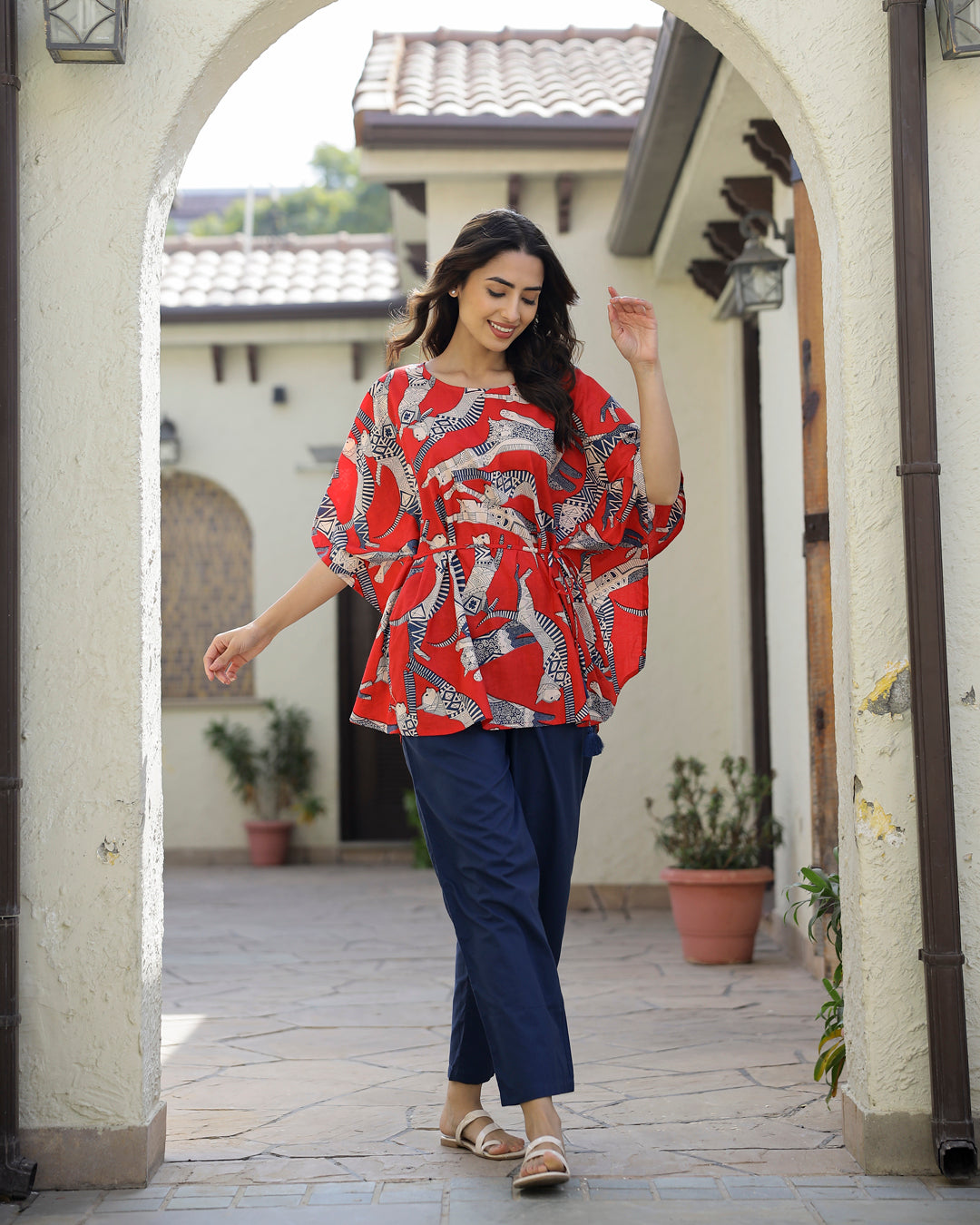 SCARLET DOG PRINT Cotton Kaftan Set - SanskrutiHomes