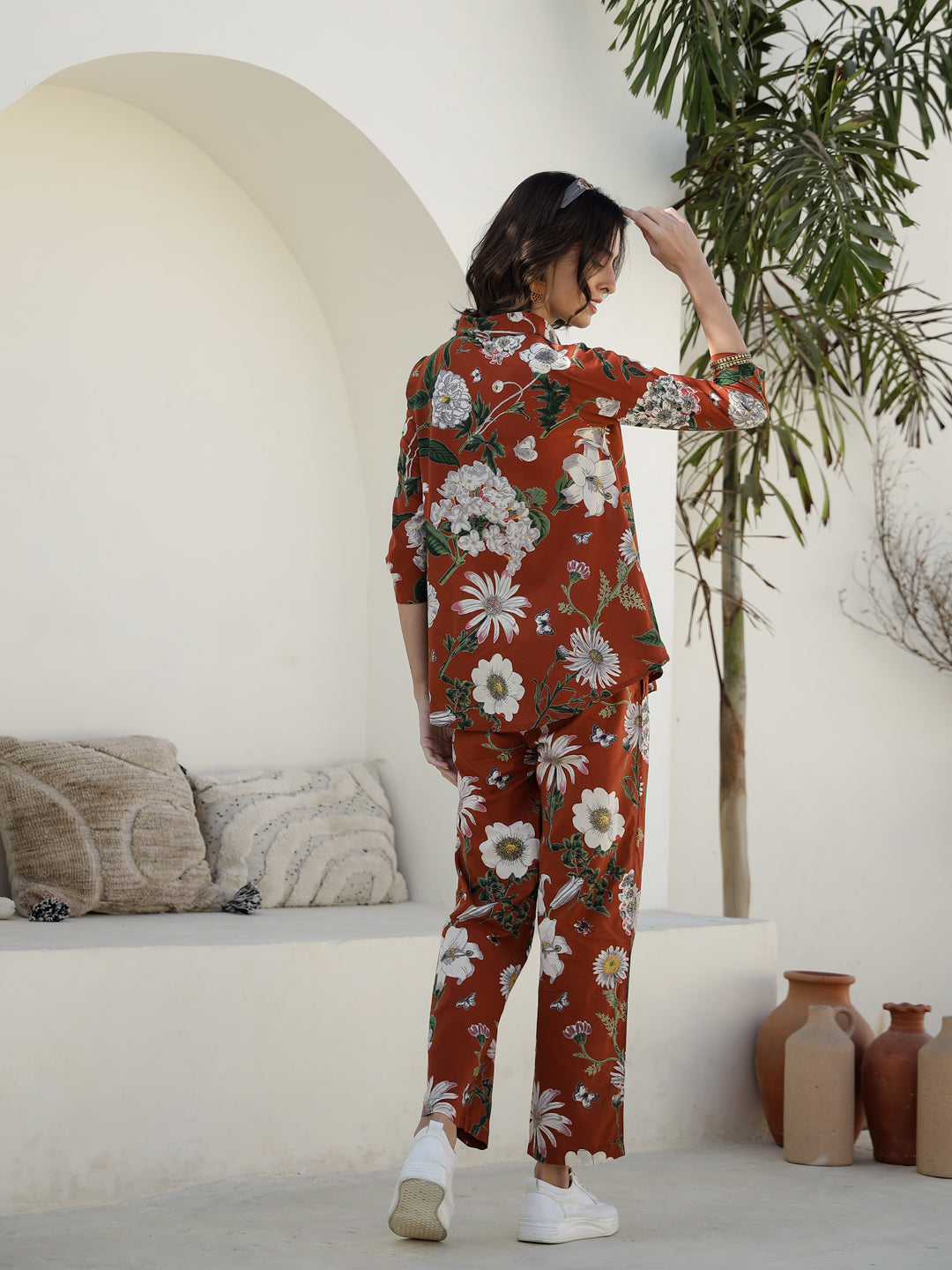 Brown Floral Printed Cotton Night Suit
