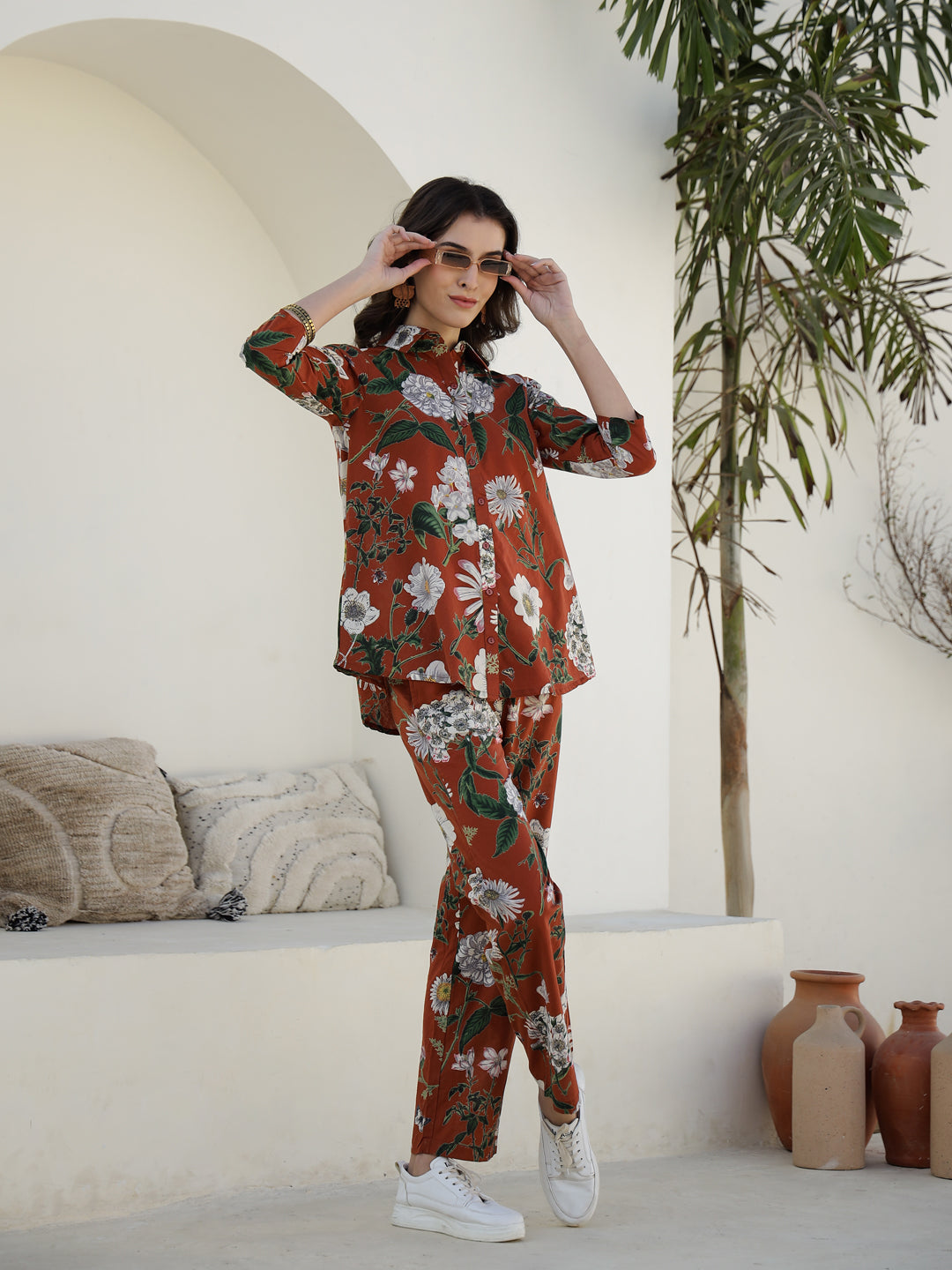 Brown Floral Printed Cotton Night Suit