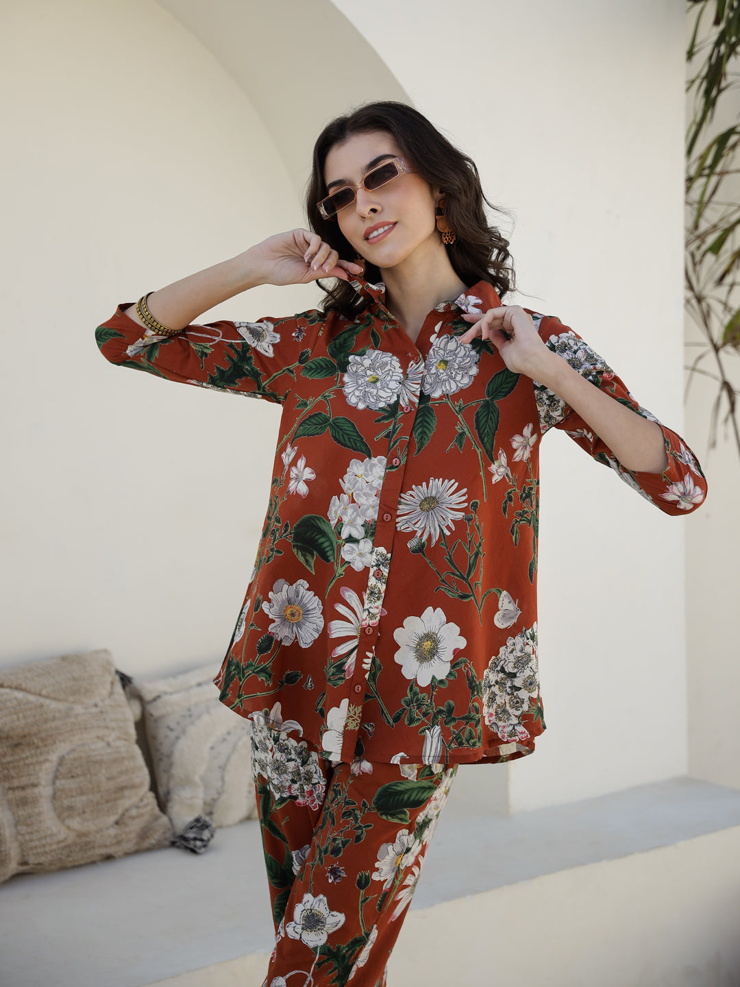 Brown Floral Printed Cotton Night Suit