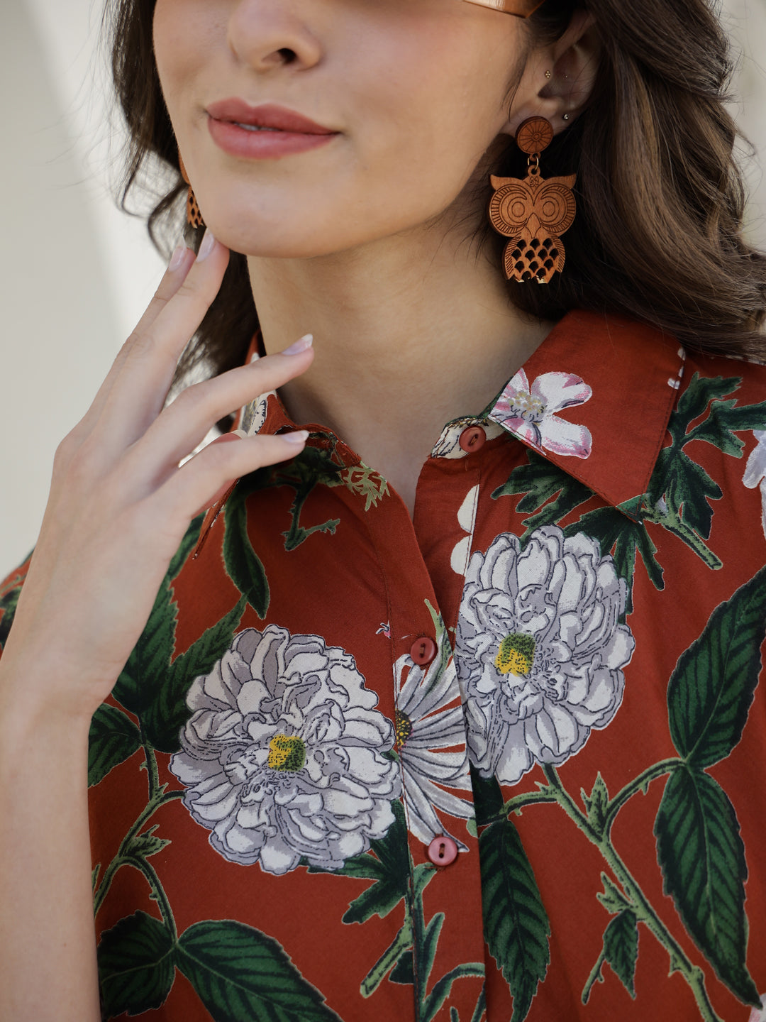 Brown Floral Printed Cotton Night Suit