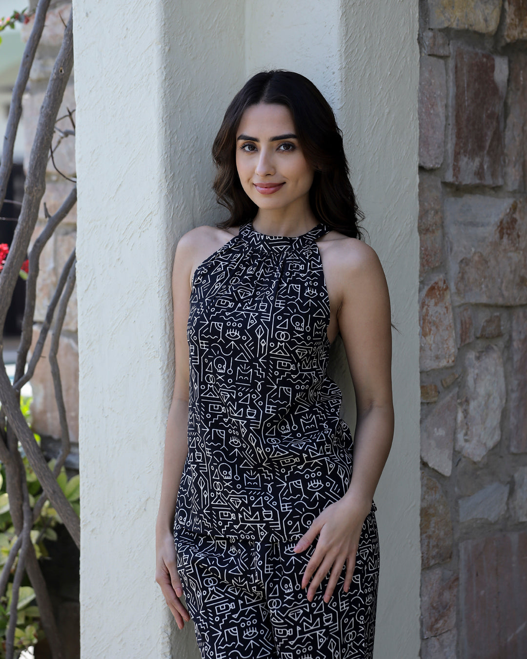 Women's Viscose Rayon Black Geometric Night suits