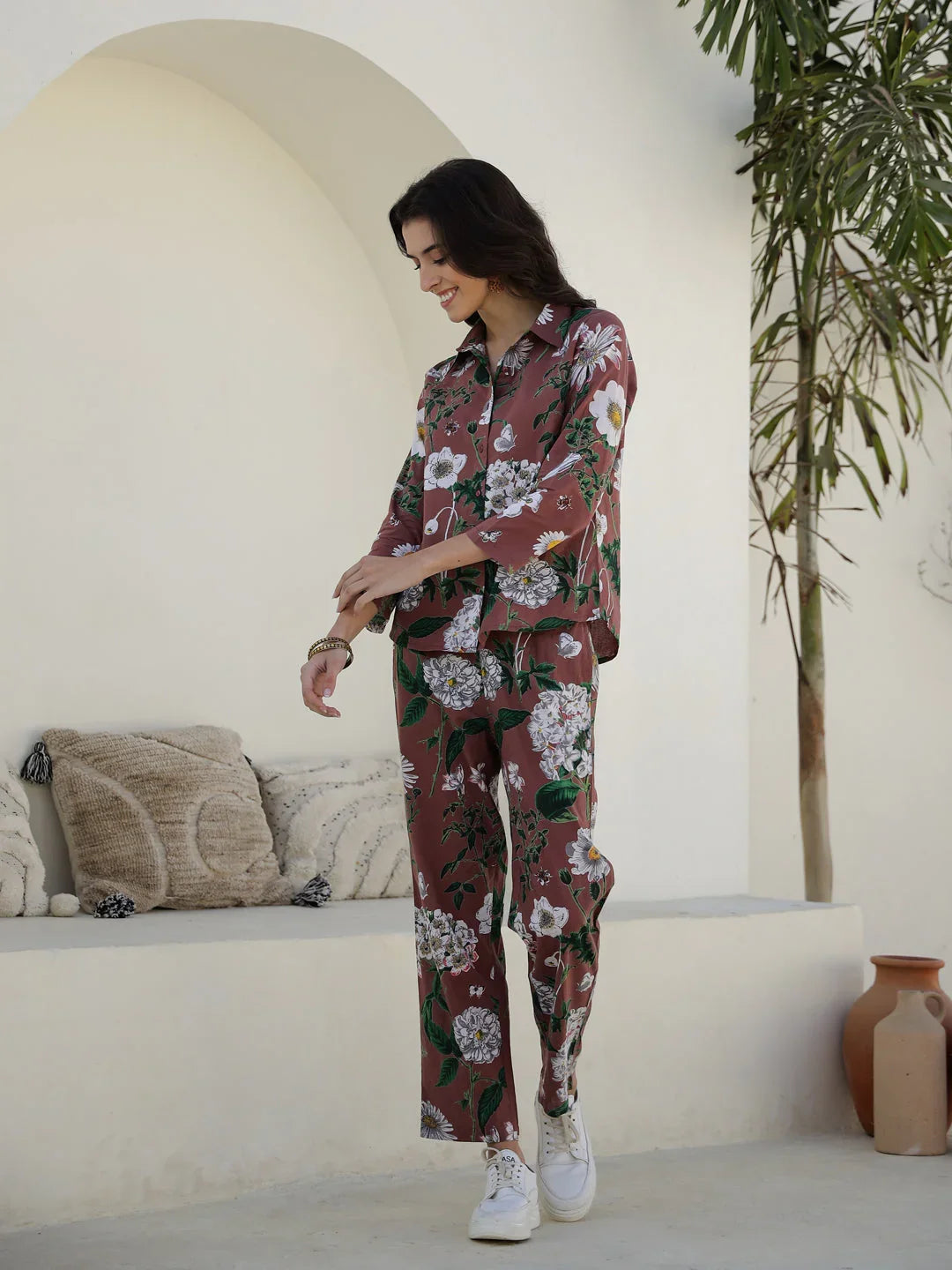 Brown Floral Printed Cotton Night Suit for Women - SanskrutiHomes