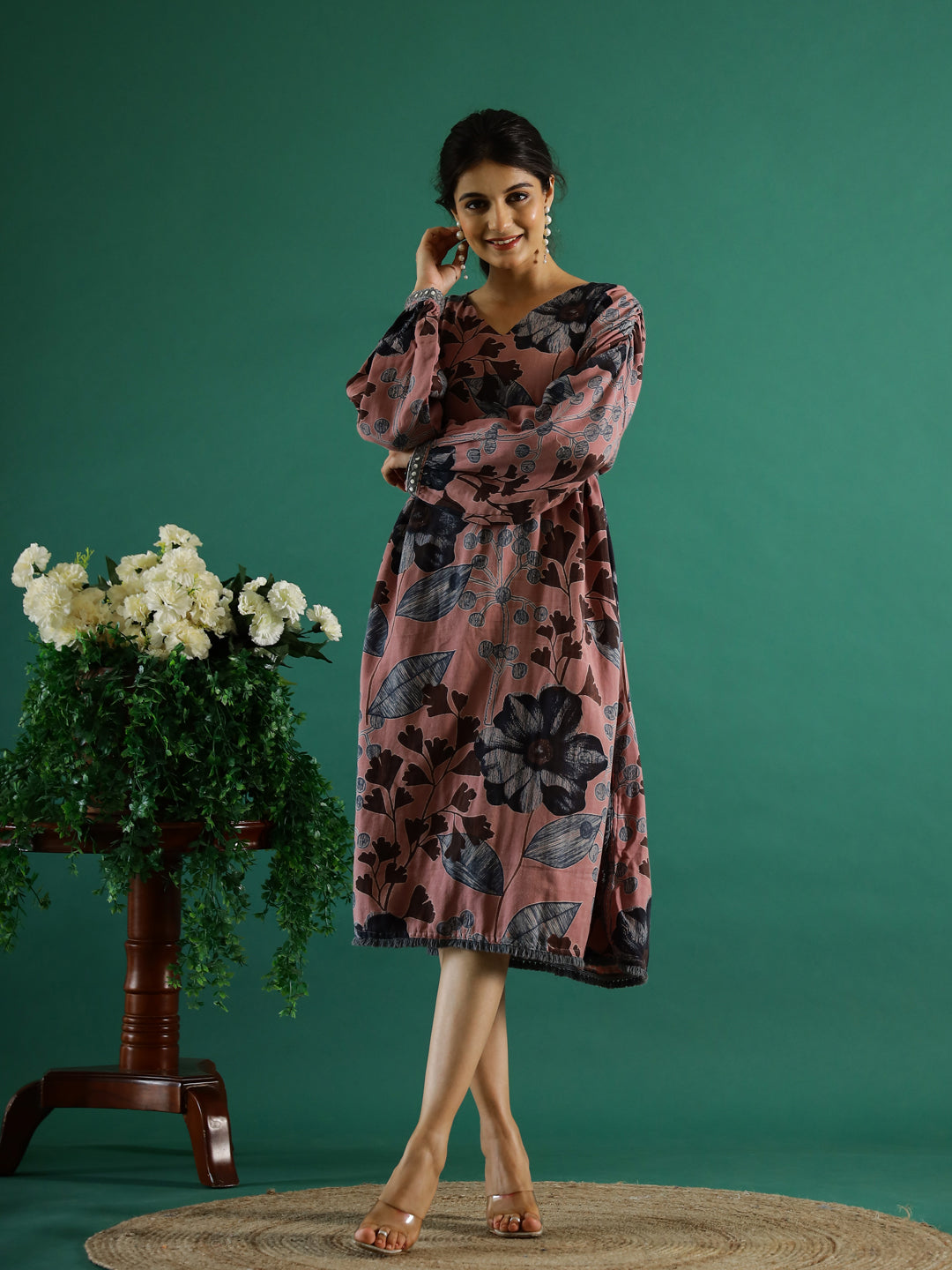 Brown Floral Printed Dress for Women