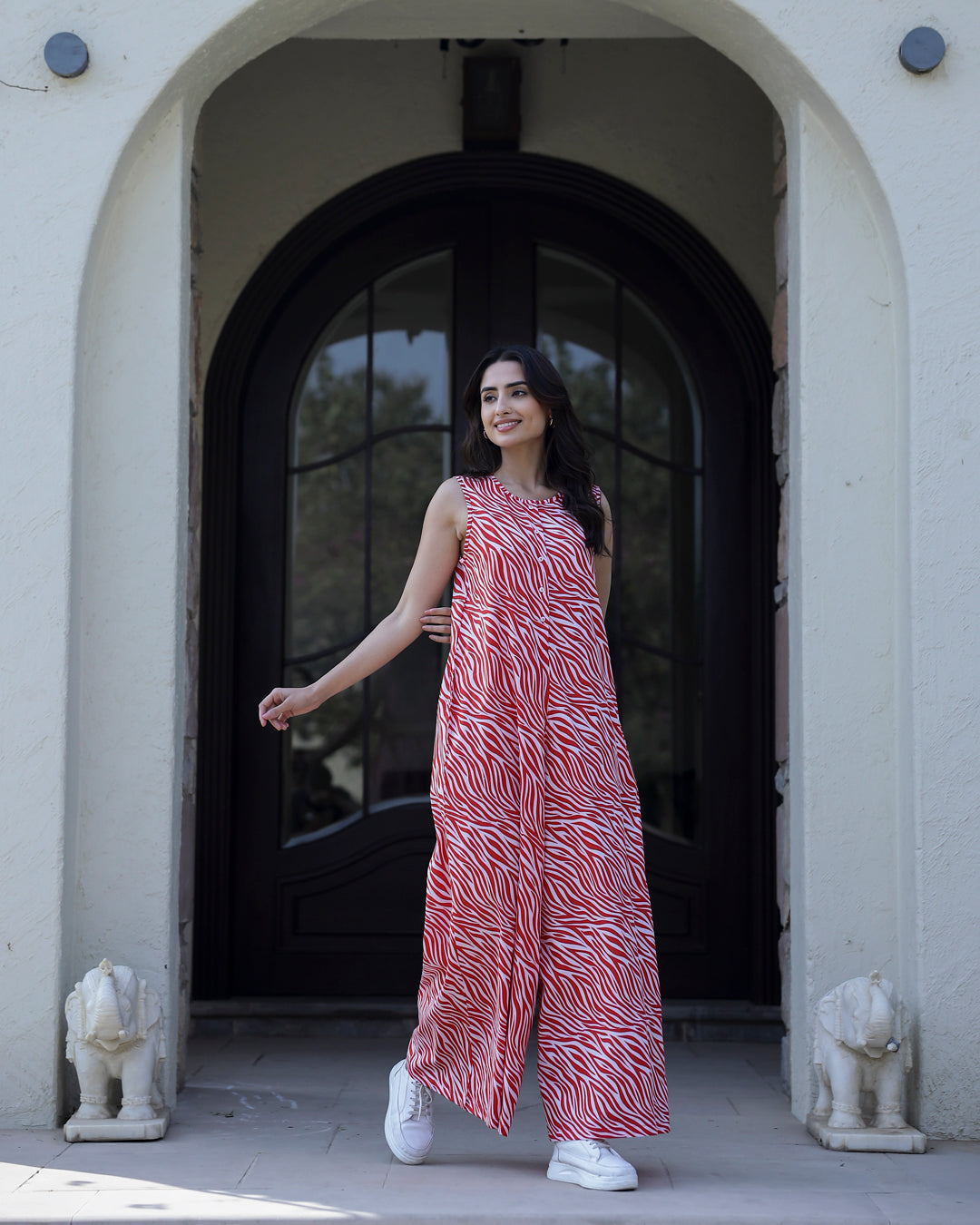 TIGER Printed red sleeveless Jumpsuit - SanskrutiHomes