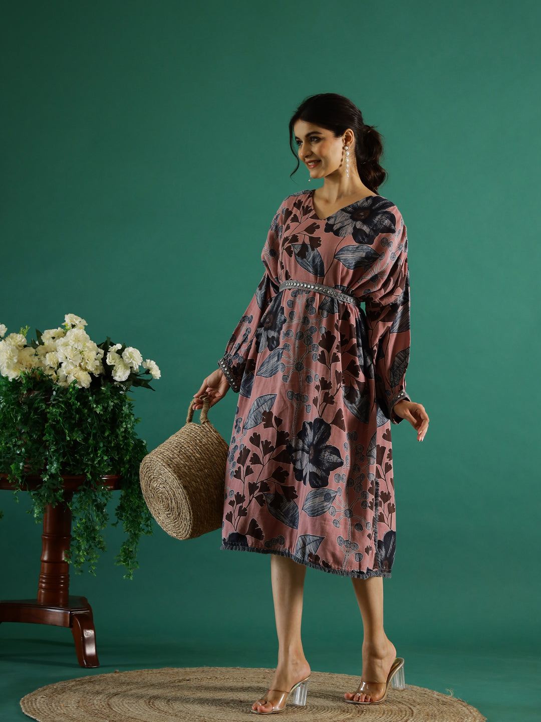 Brown Floral Printed Dress for Women